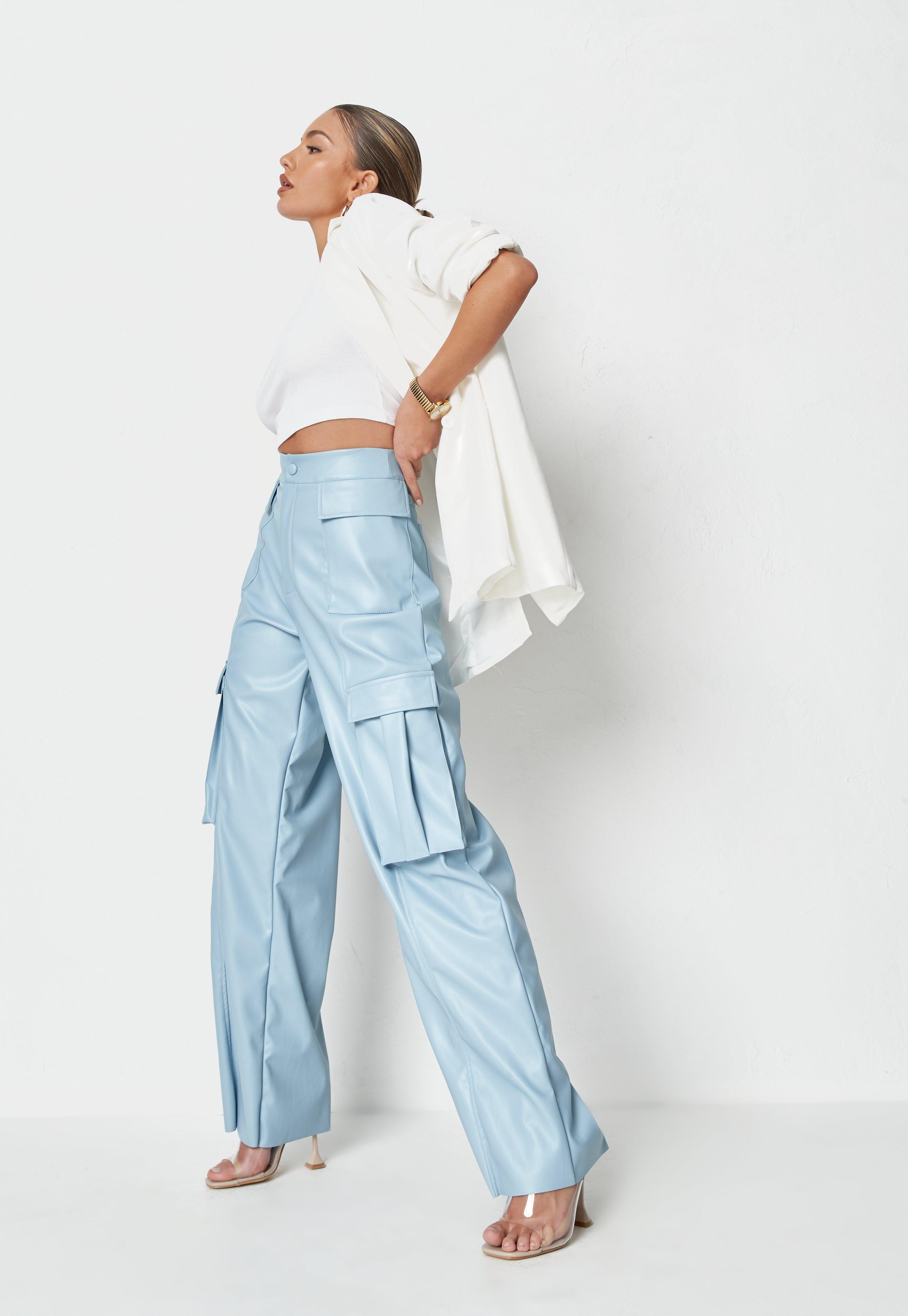 blue faux leather trousers
