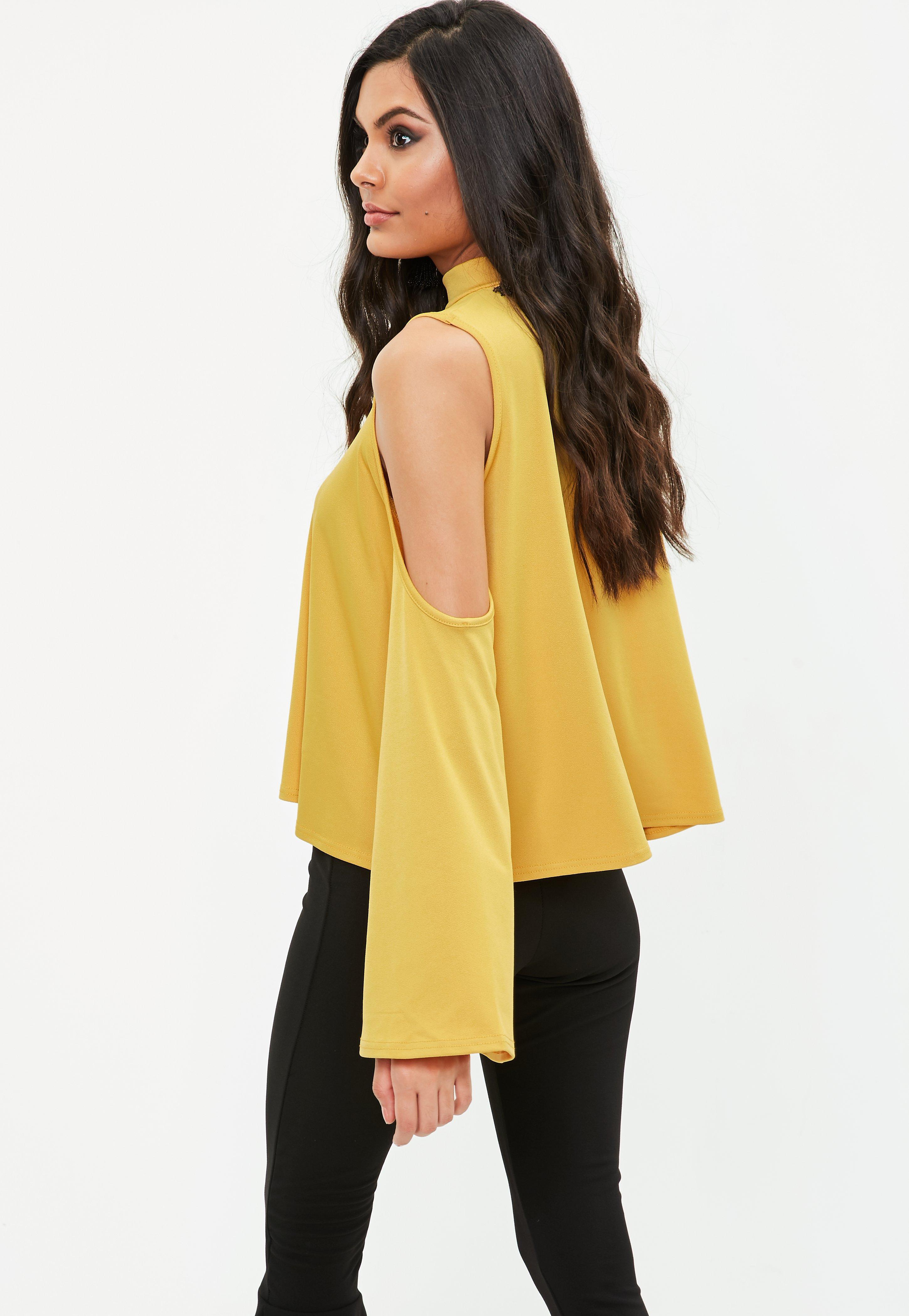 Missguided Synthetic Yellow Cold Shoulder Flared Sleeve Top Lyst