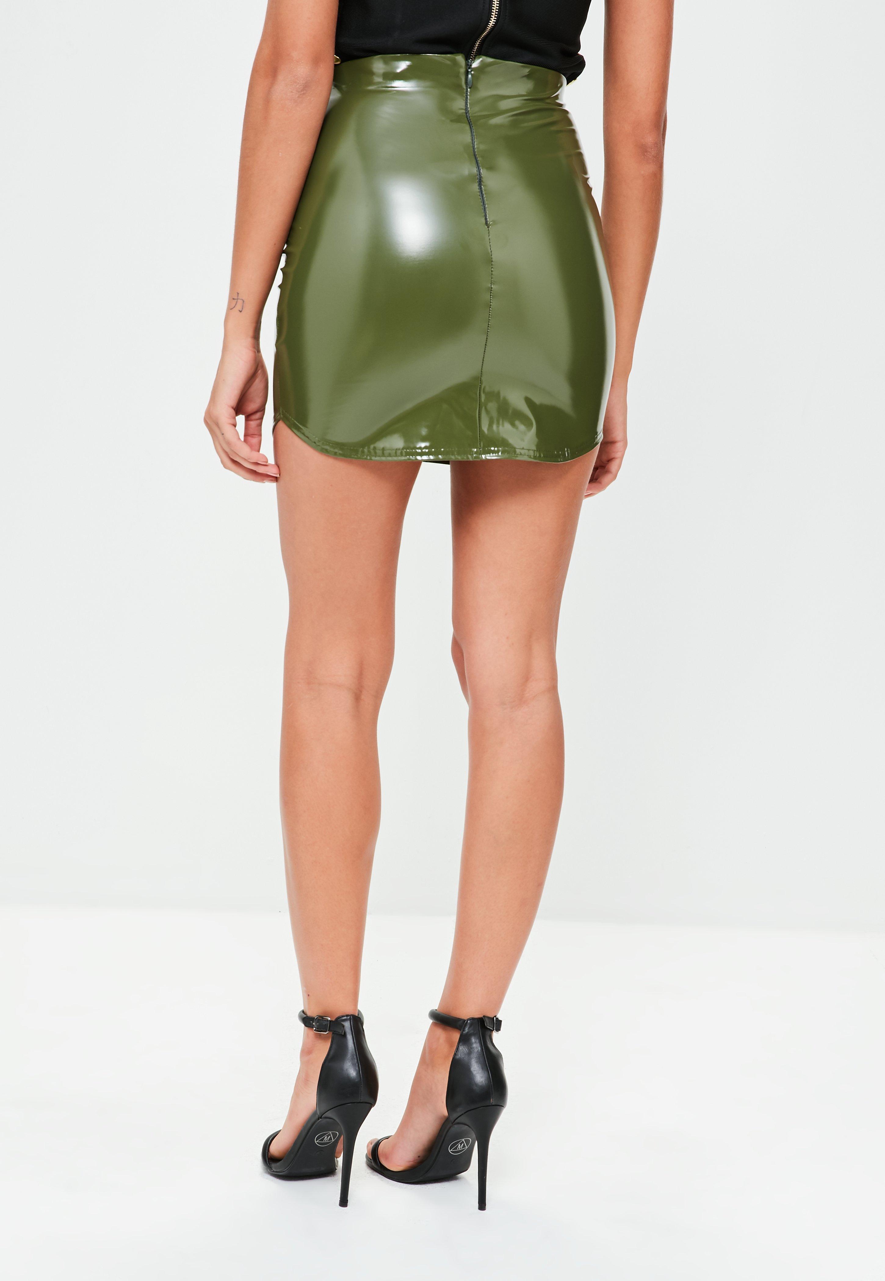 Missguided Khaki Vinyl Curve Hem Mini Skirt in Green - Lyst