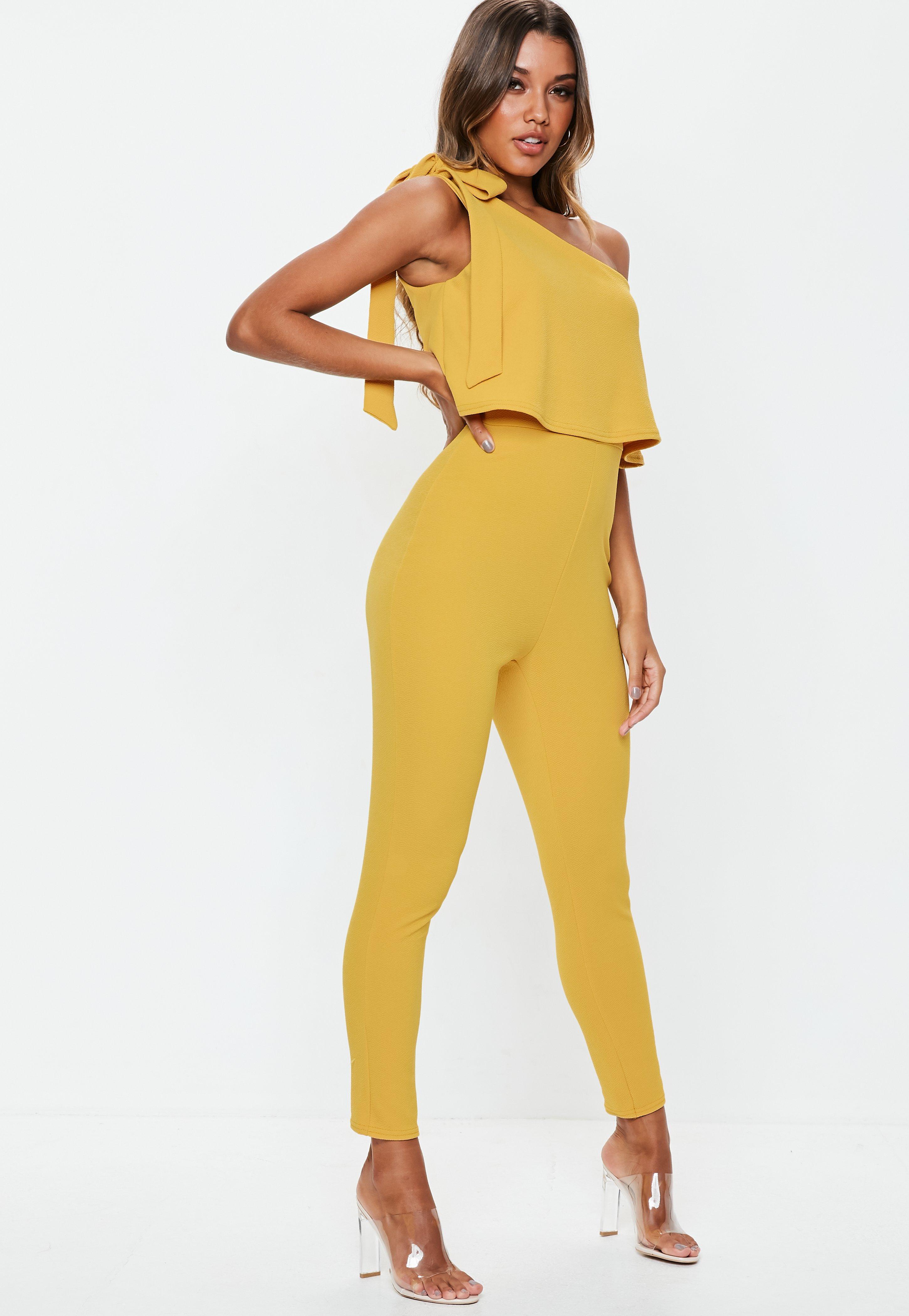 Missguided Synthetic Mustard One Shoulder Bow Jumpsuit in Yellow - Lyst