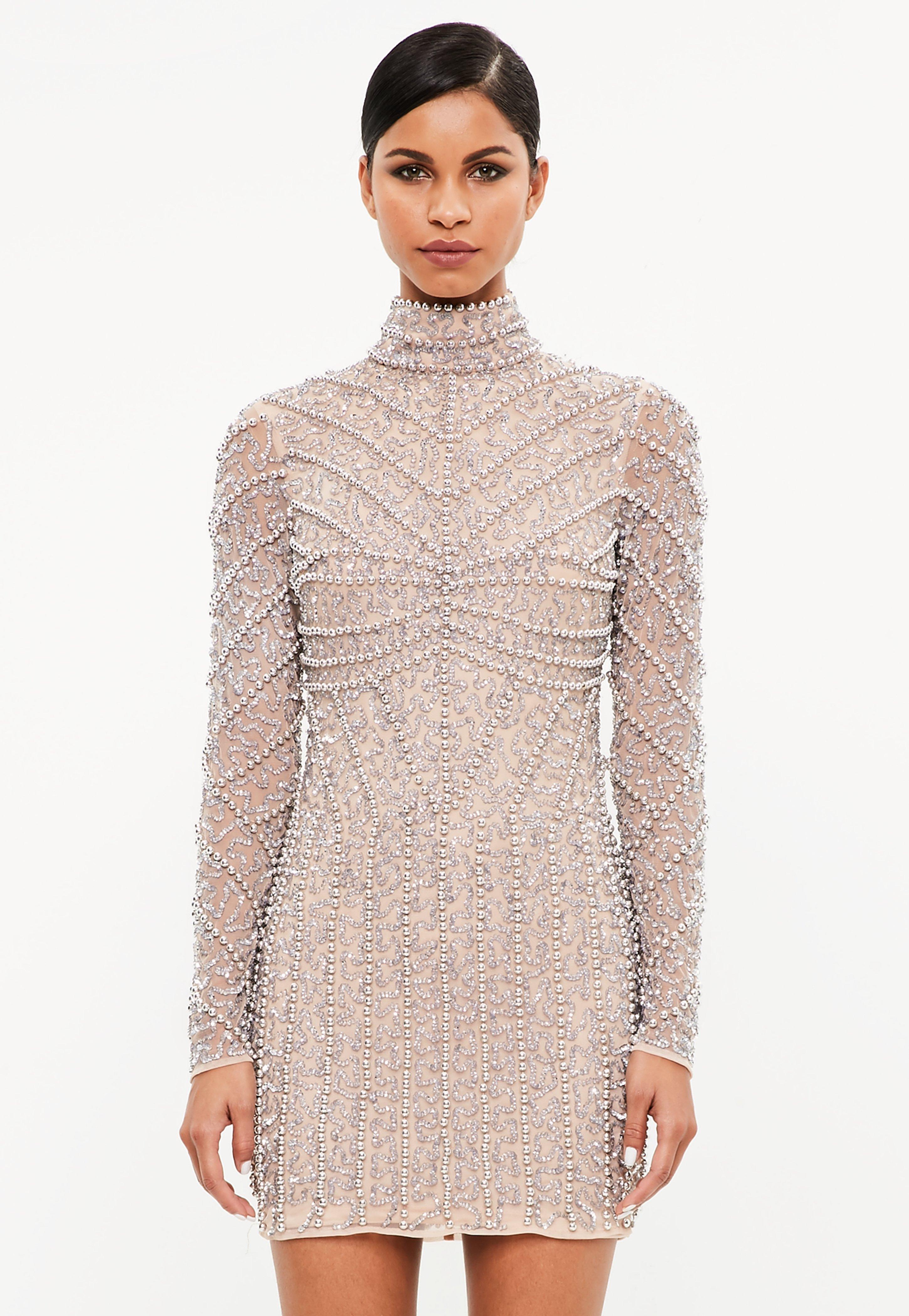 long sleeve beaded mini dress