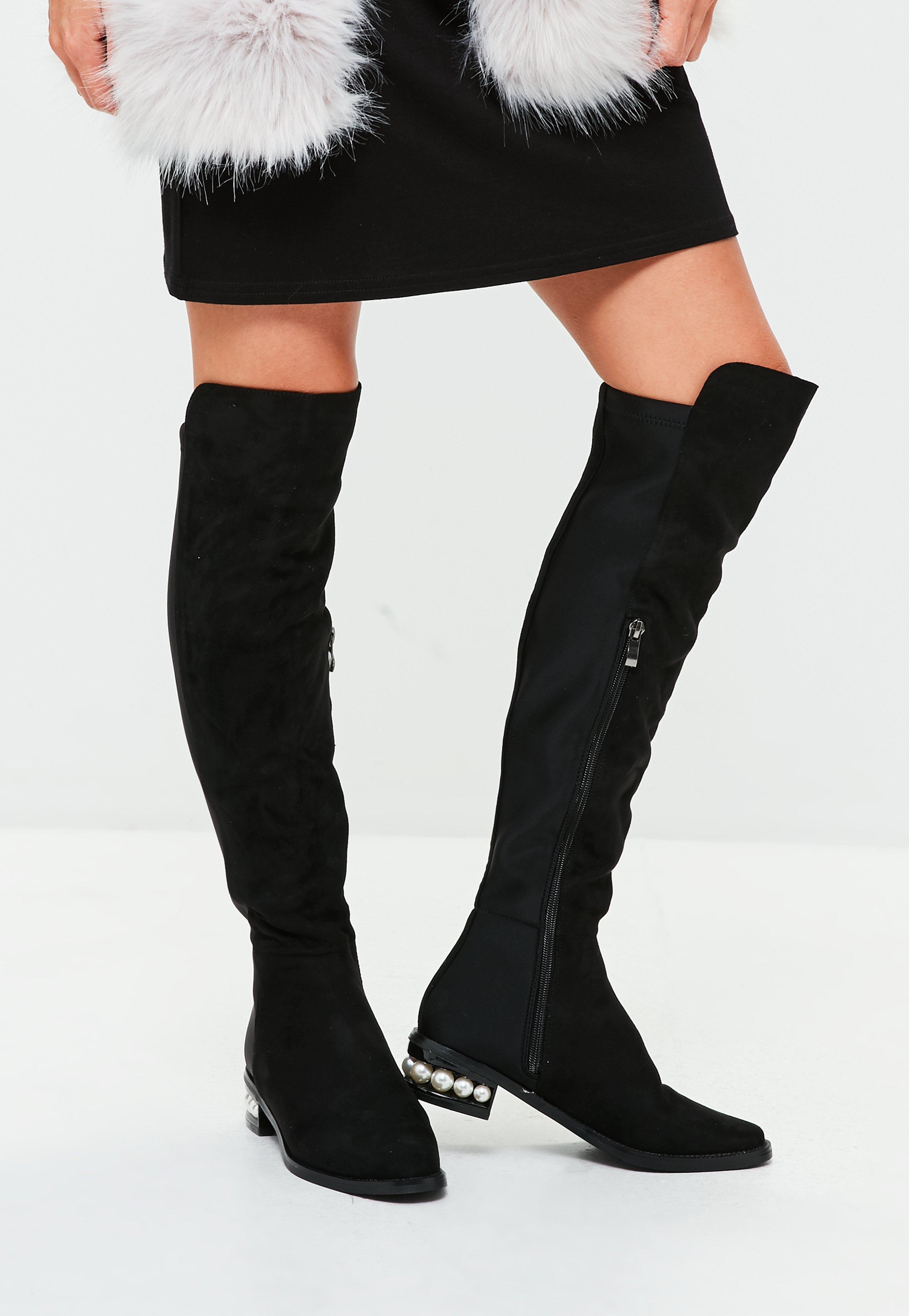 Missguided Black Pearl Heel Knee High Boots Lyst
