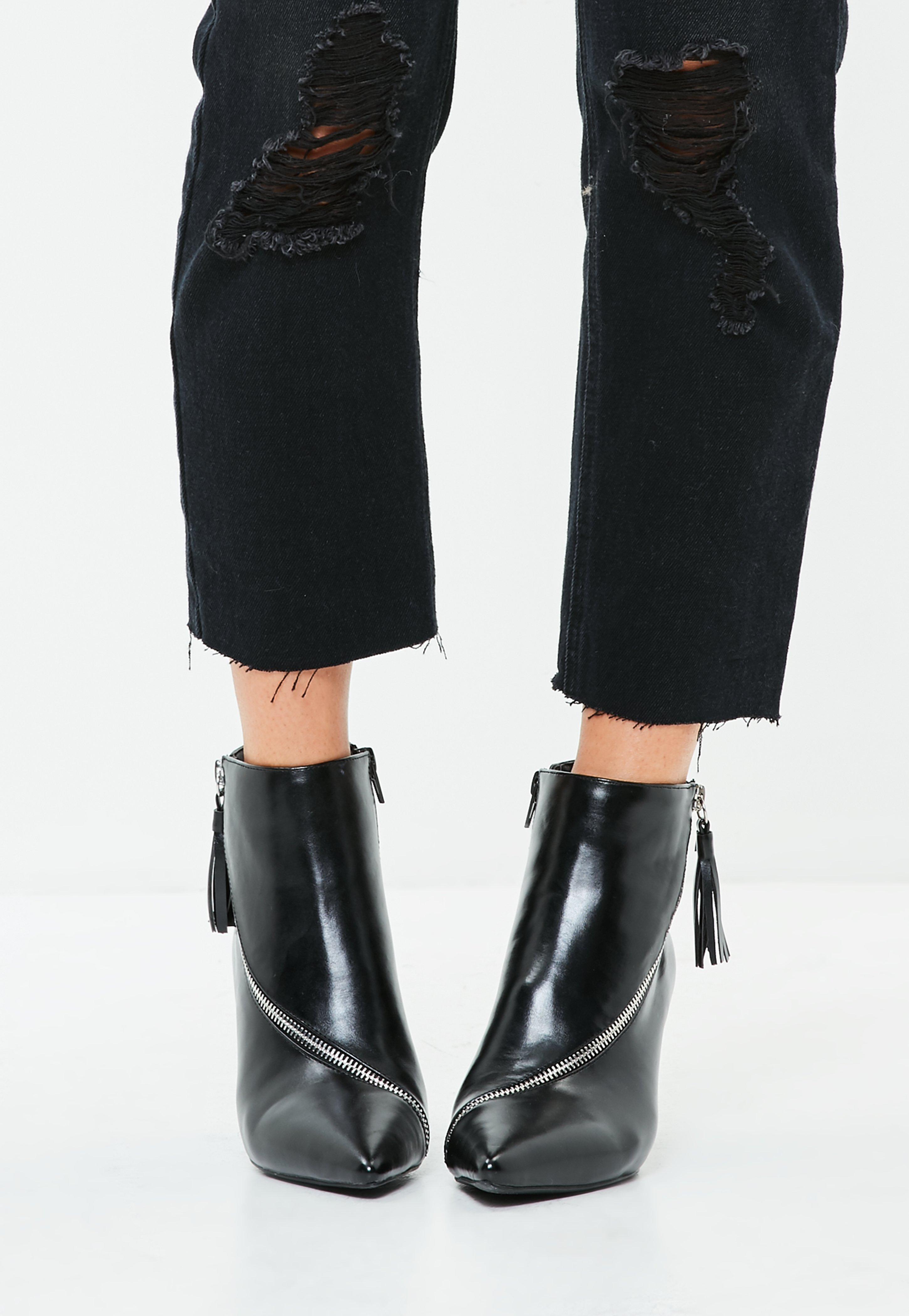 Missguided Black Asymmetric Zip Kitten Heel Ankle Boots - Lyst