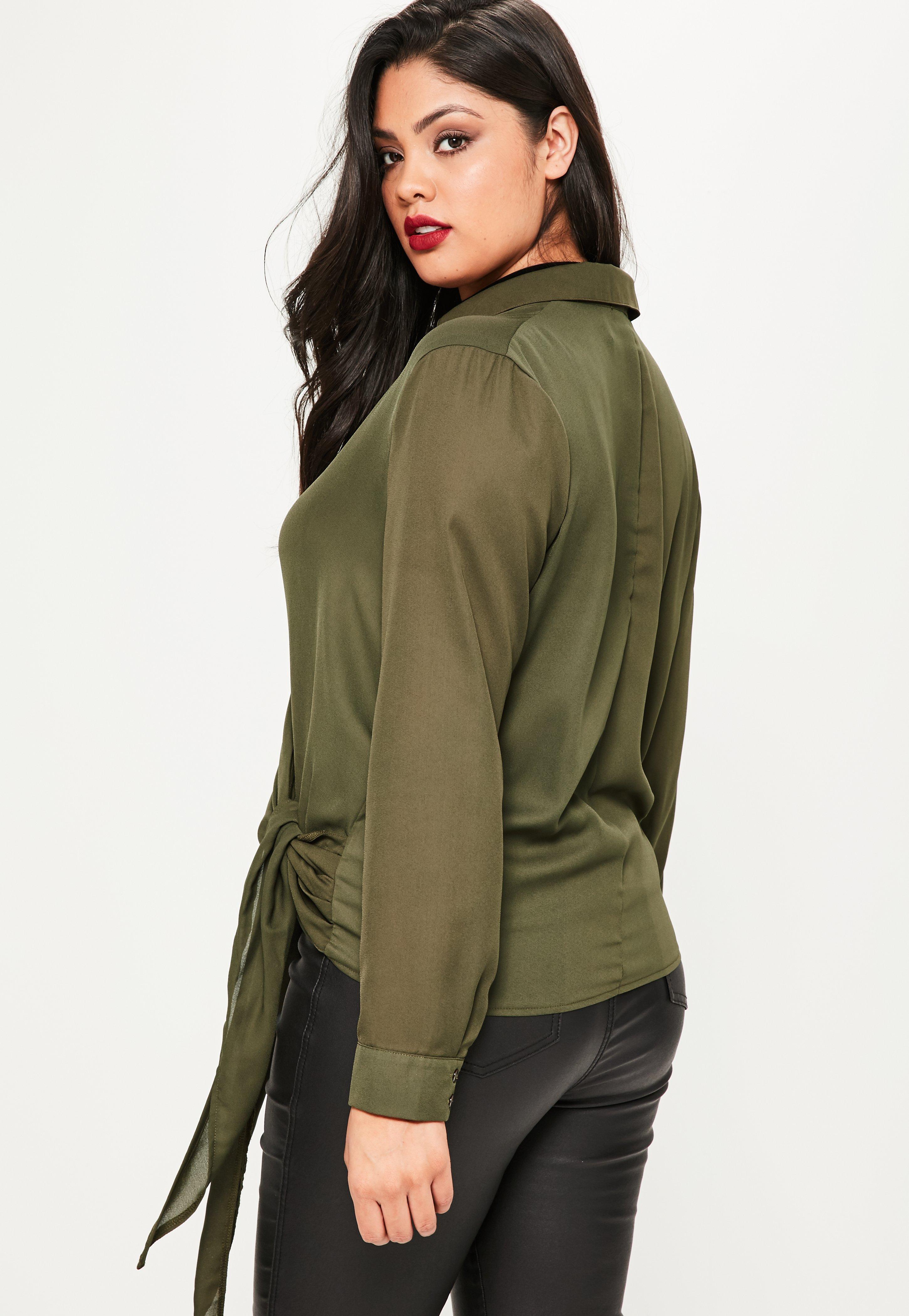 Lyst Missguided Plus Size Khaki Wrap Tie Side Blouse in Green