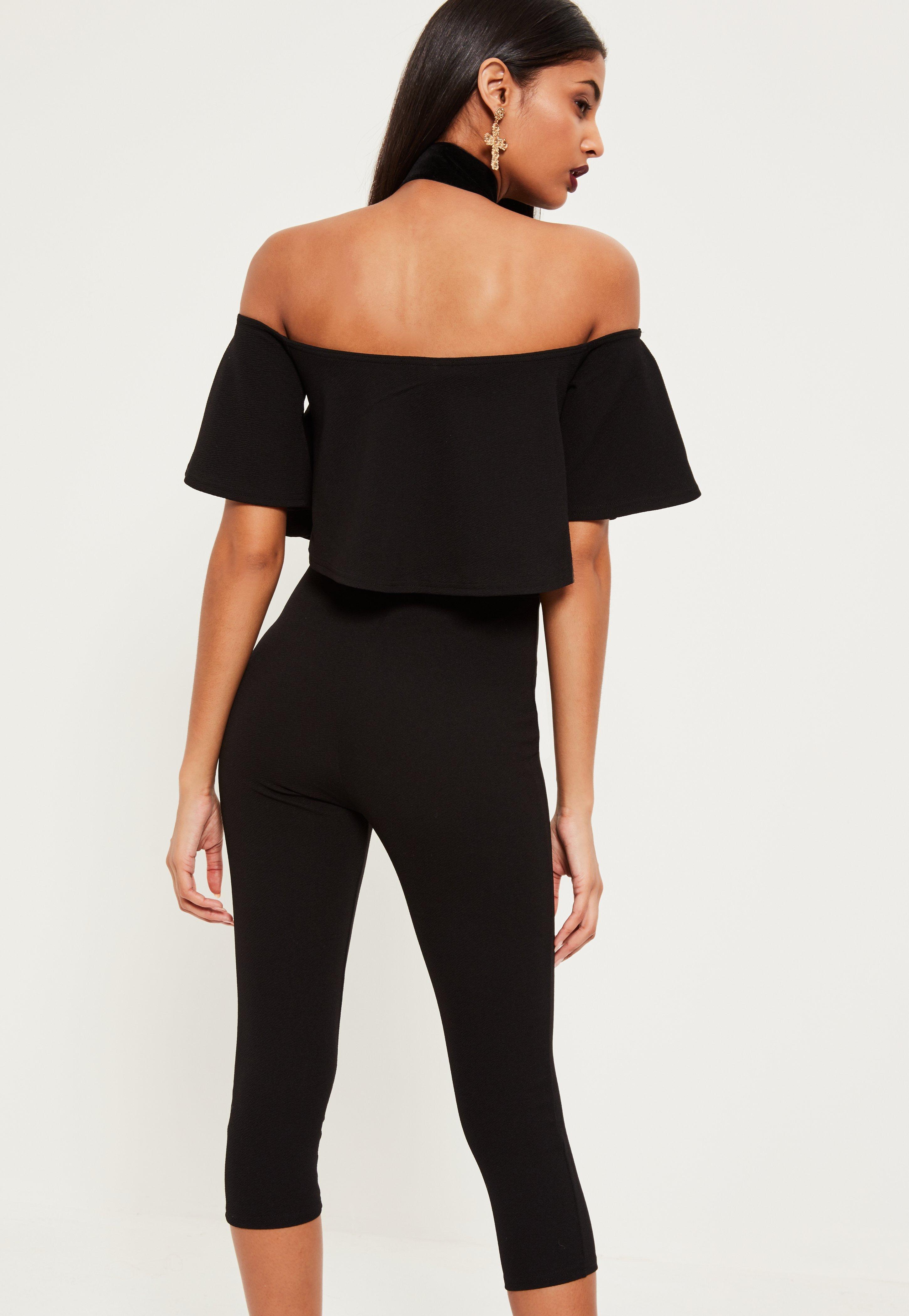Lyst Missguided Black Double Layer Bardot Cropped Jumpsuit in Black