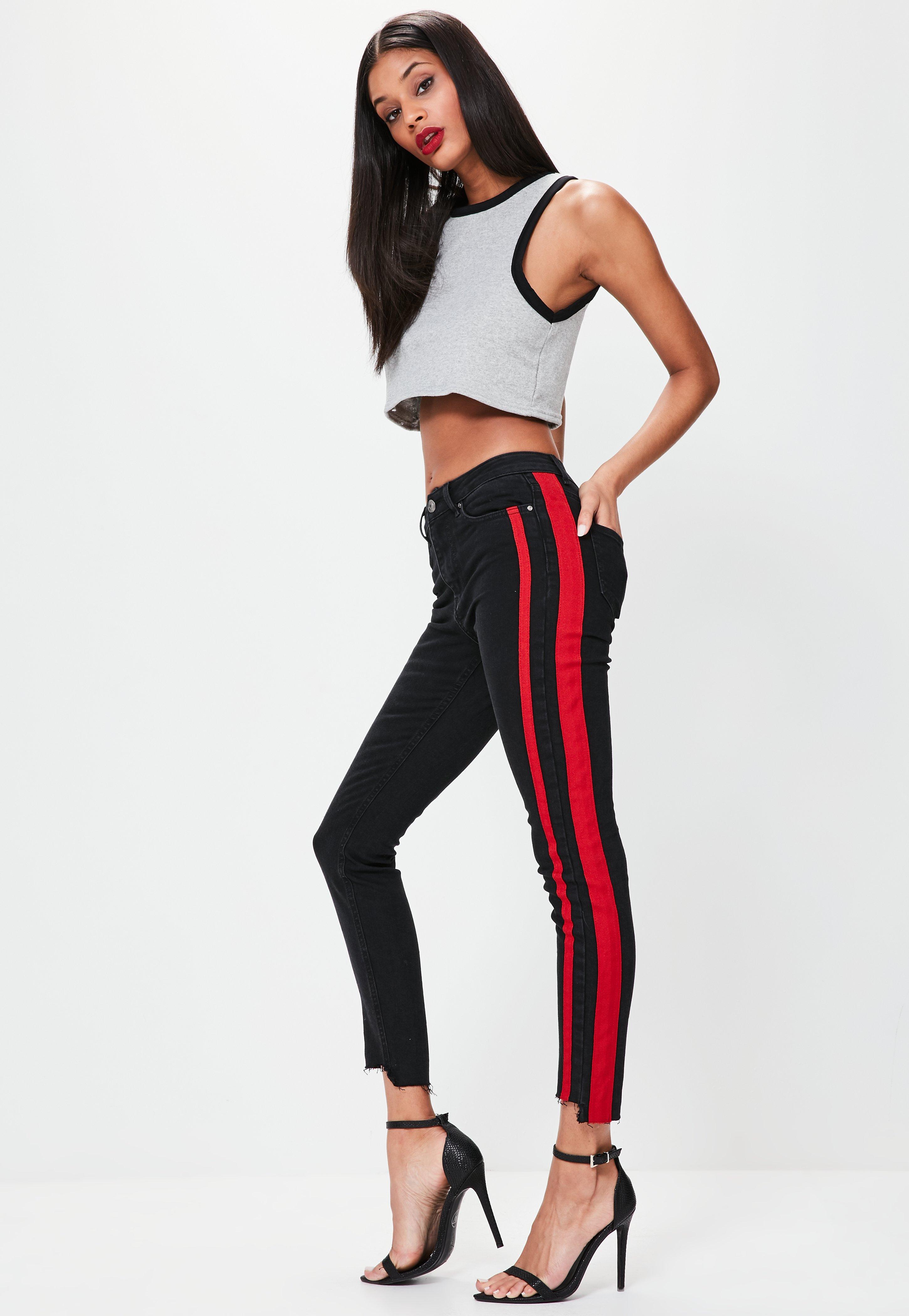 black jeans with red stripe womens