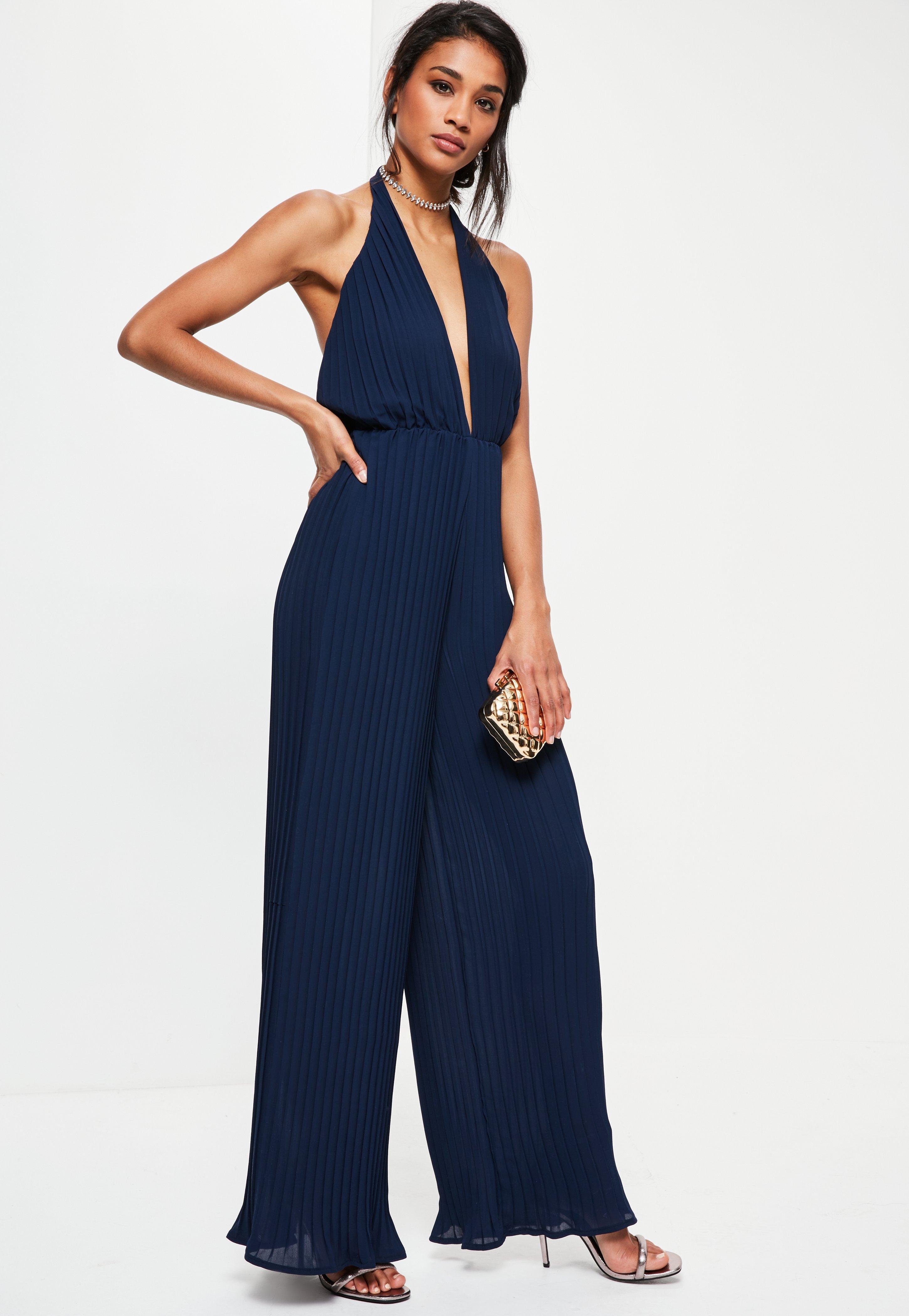 Missguided Navy Halterneck Pleated Jumpsuit in Blue | Lyst