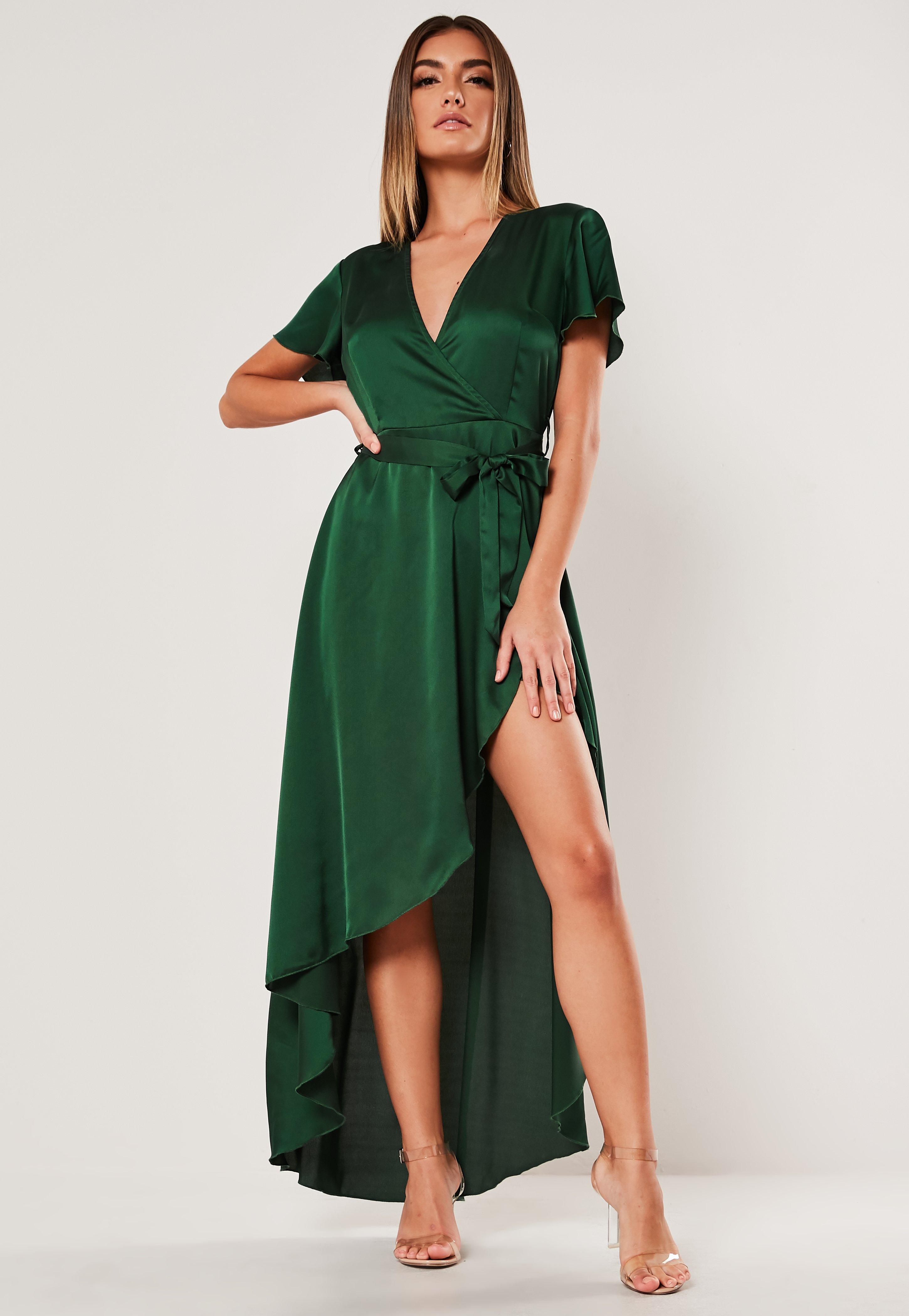 Missguided Green Satin High Low Wrap ...