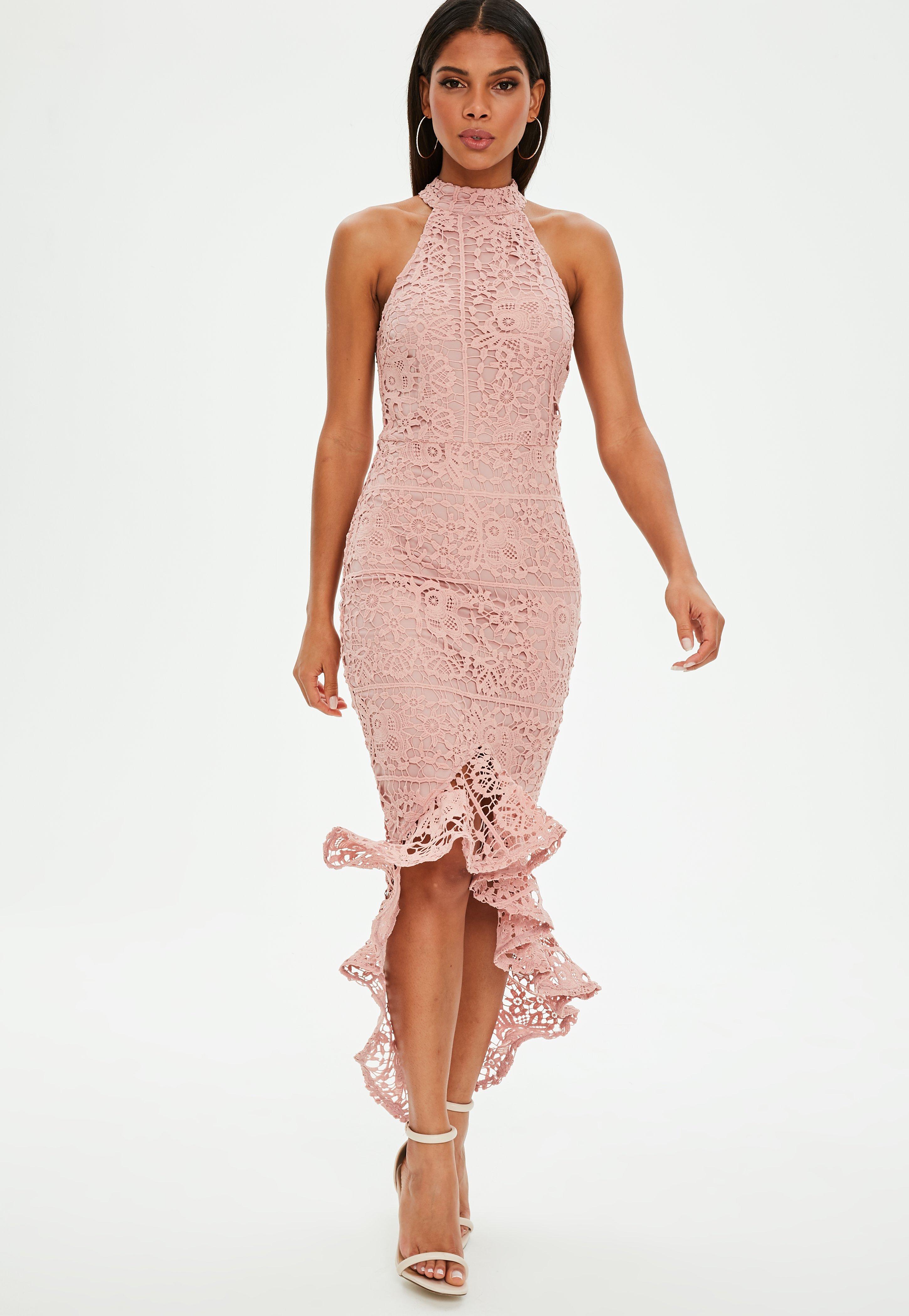 Missguided Pink Lace High Neck Fishtail Midi Dress - Lyst