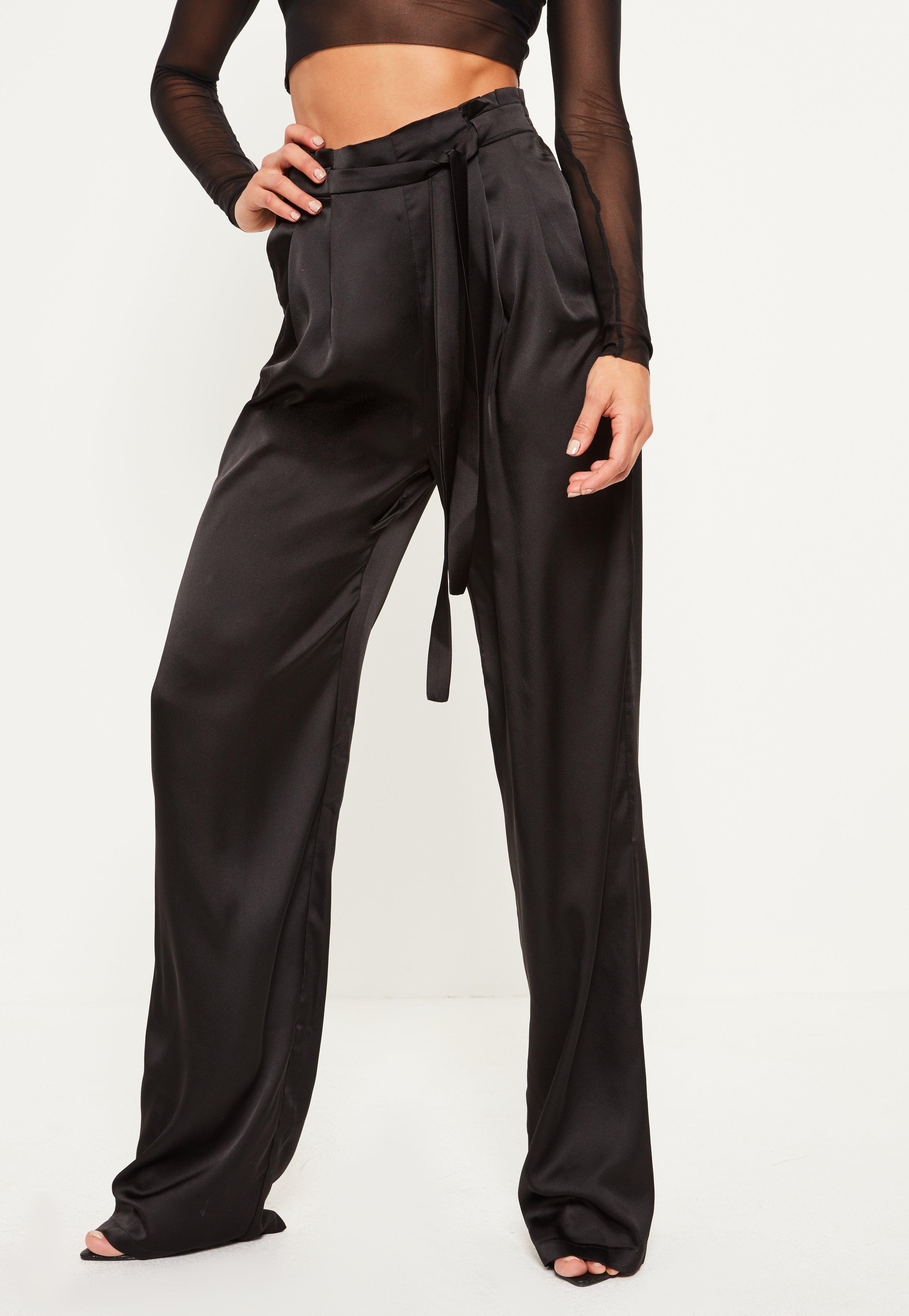 Lyst - Missguided Tall Black Tie Waist Satin Wide Leg Trousers in Black