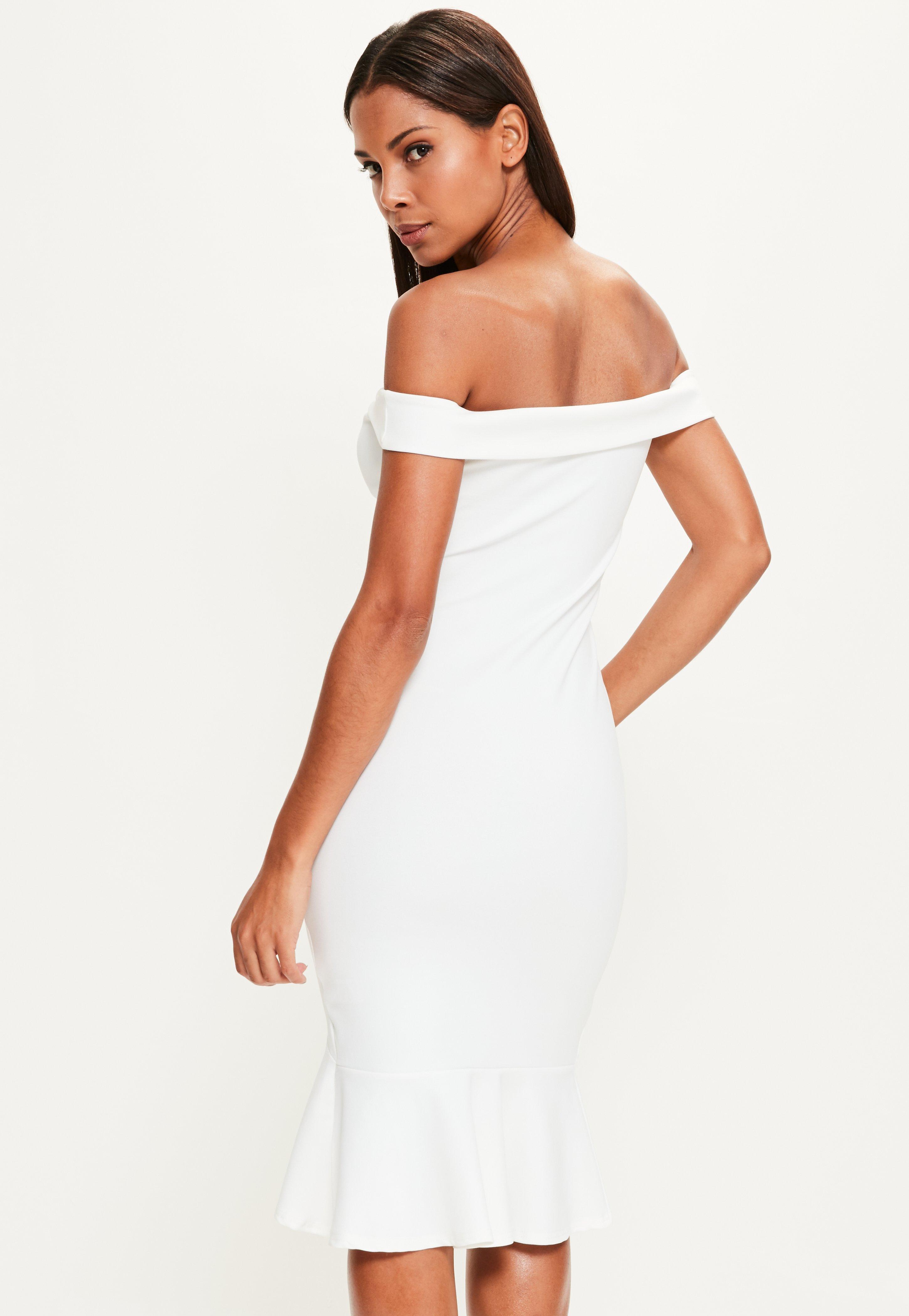 white bardot frill midi dress