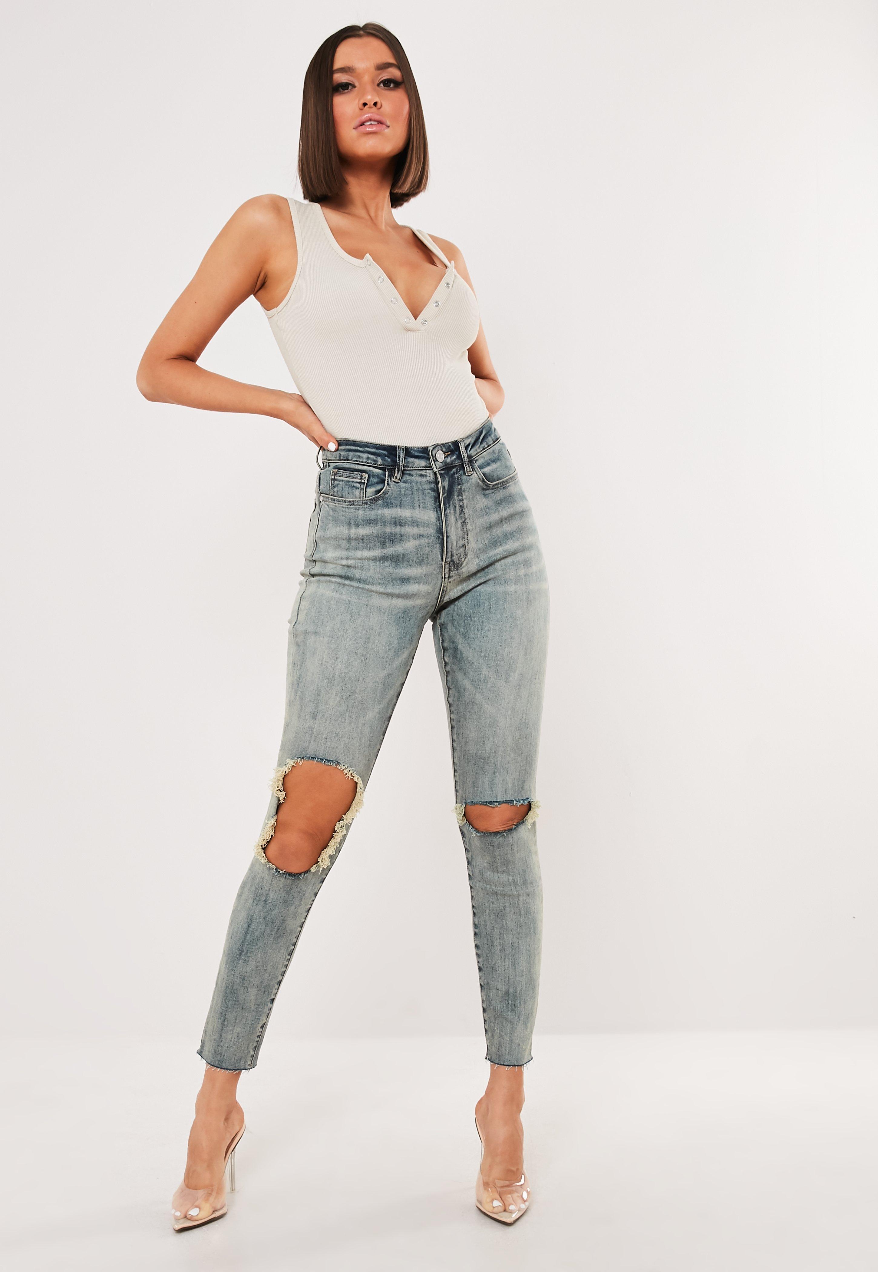 Missguided Blue High Waisted Ripped Skinny Denim Jeans - Lyst