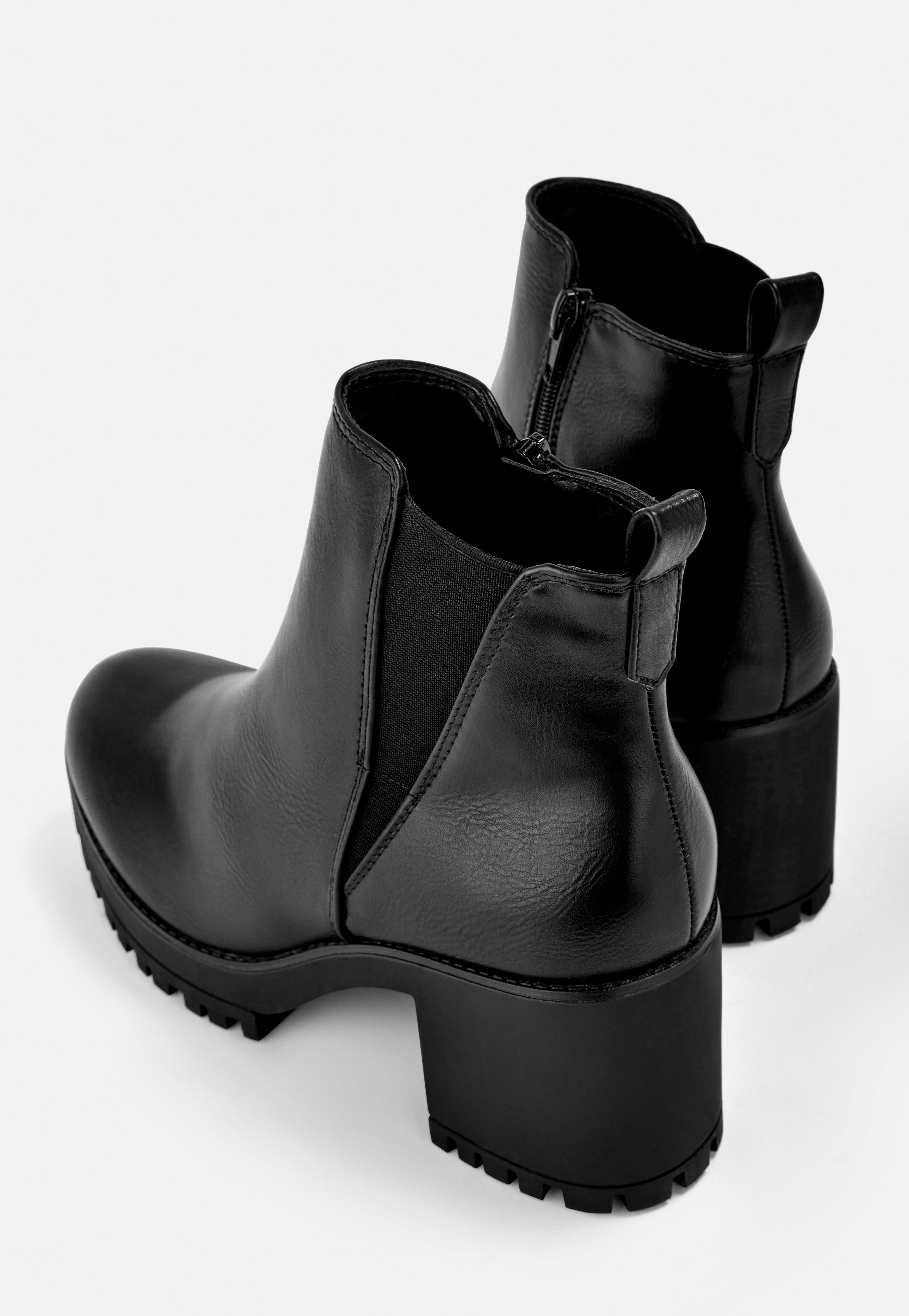 black faux leather chunky chelsea ankle boots