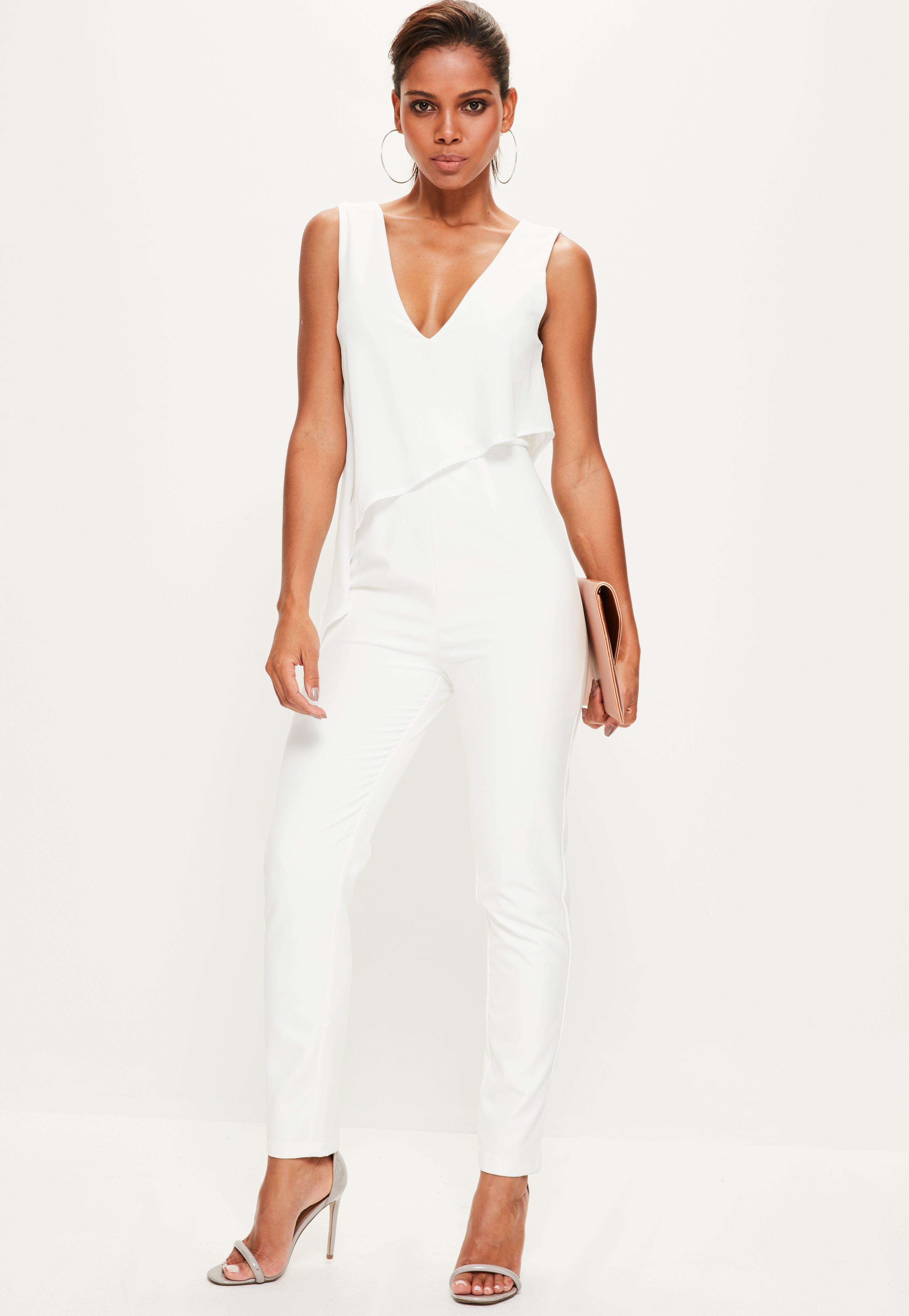 Missguided White Asymmetric Double Layer Plunge Jumpsuit - Lyst