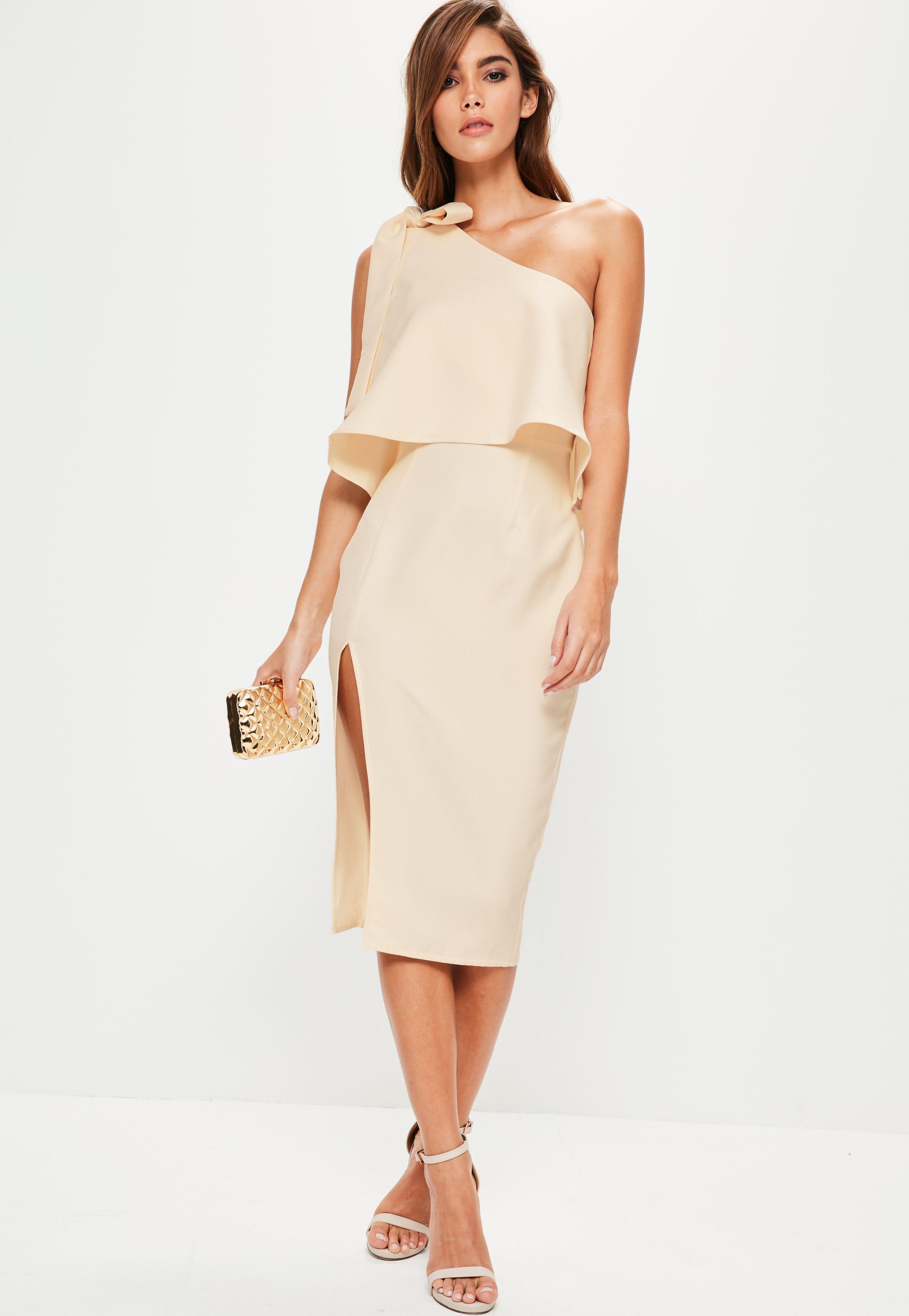 missguided one shoulder bow sleeve midi dress