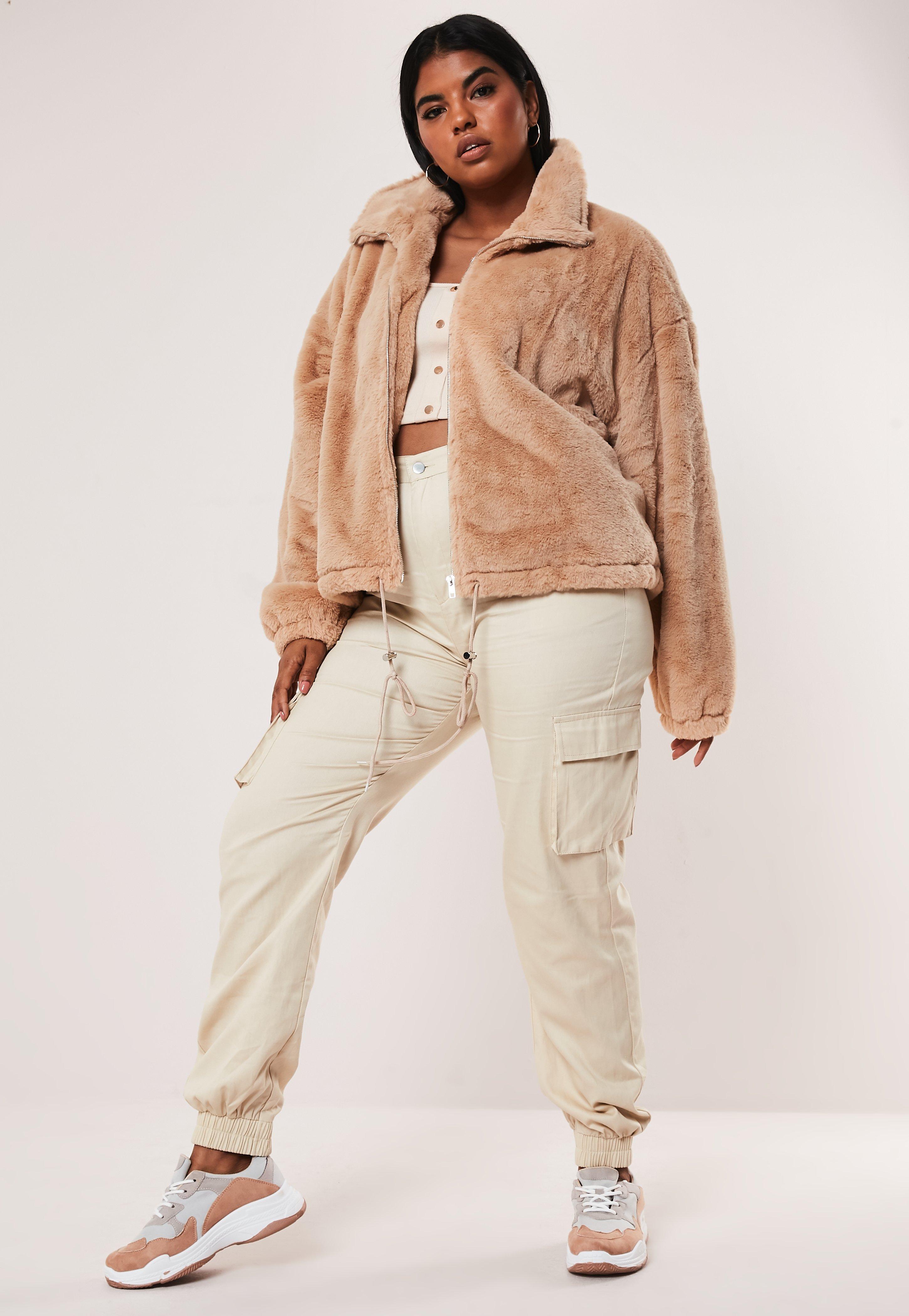 camel faux fur bomber jacket