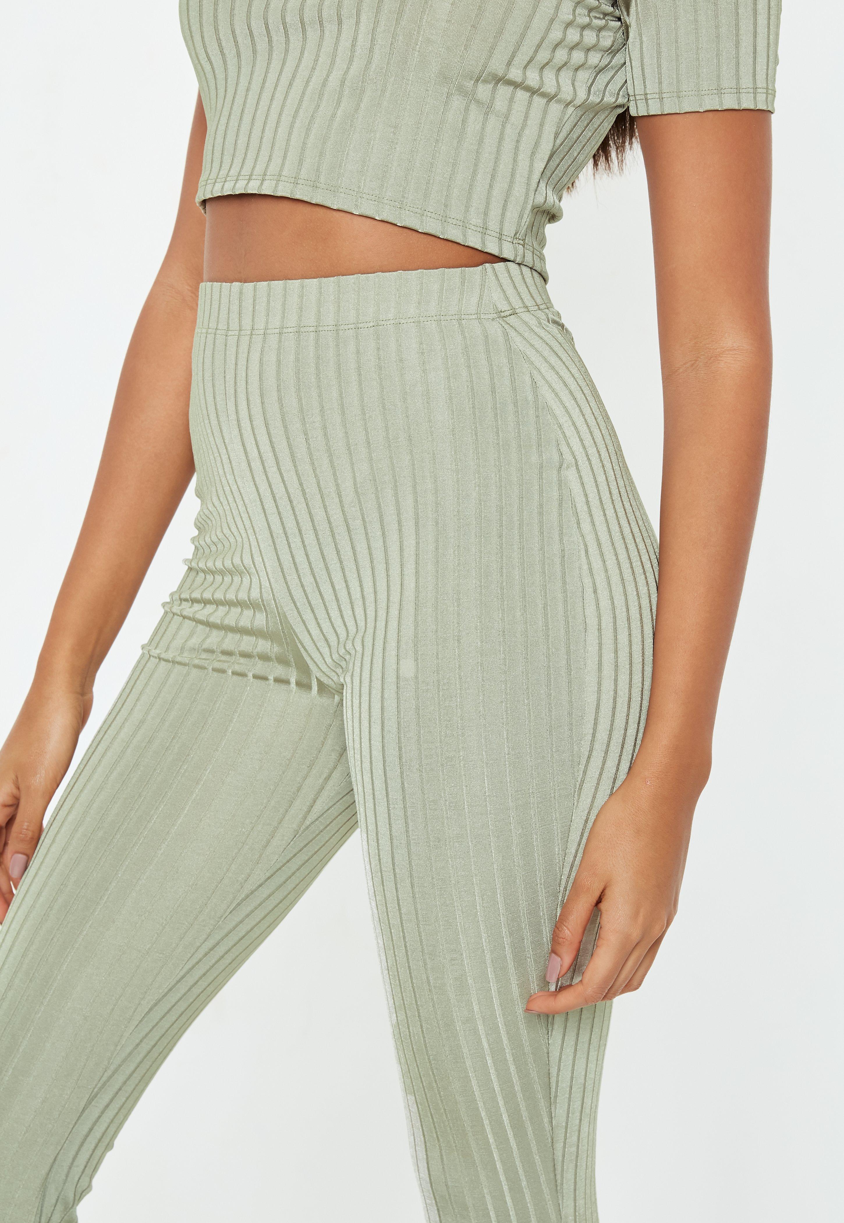 Green ribbed flare pants Clearance