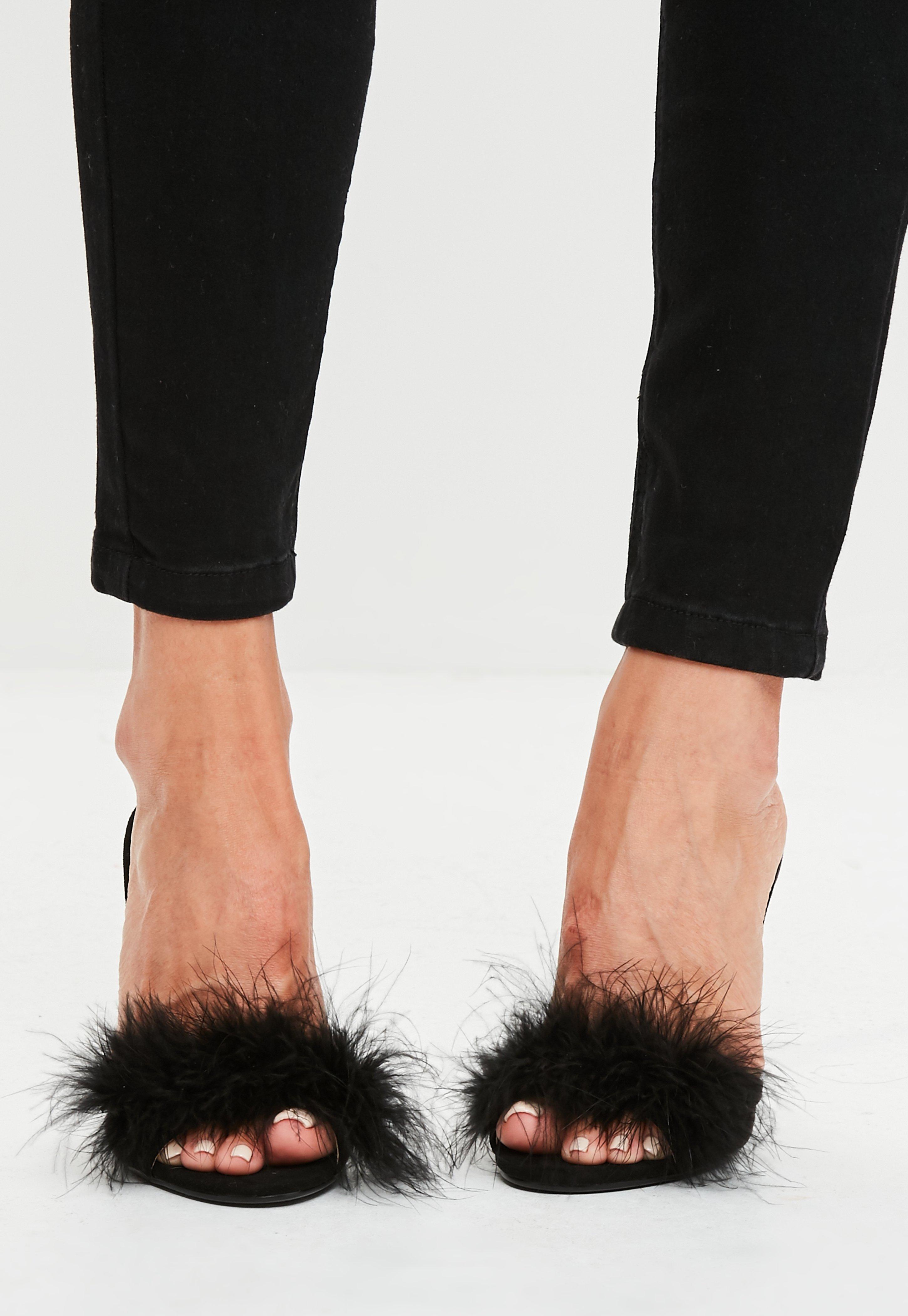 Missguided Black Feather Heeled Mules 