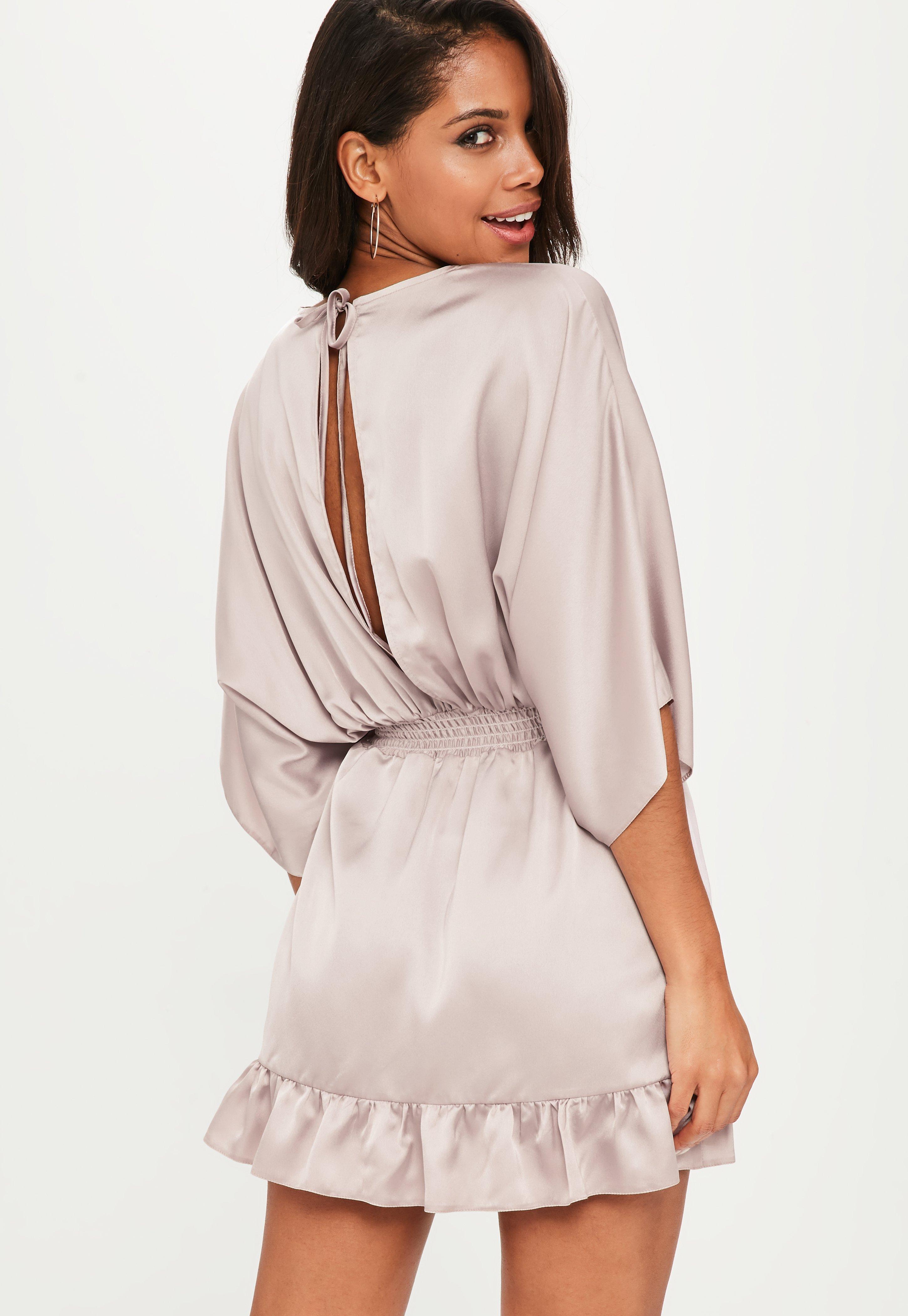 Missguided Mauve Satin Gathered Waist Frill Hem Skater Dress in Purple - Lyst