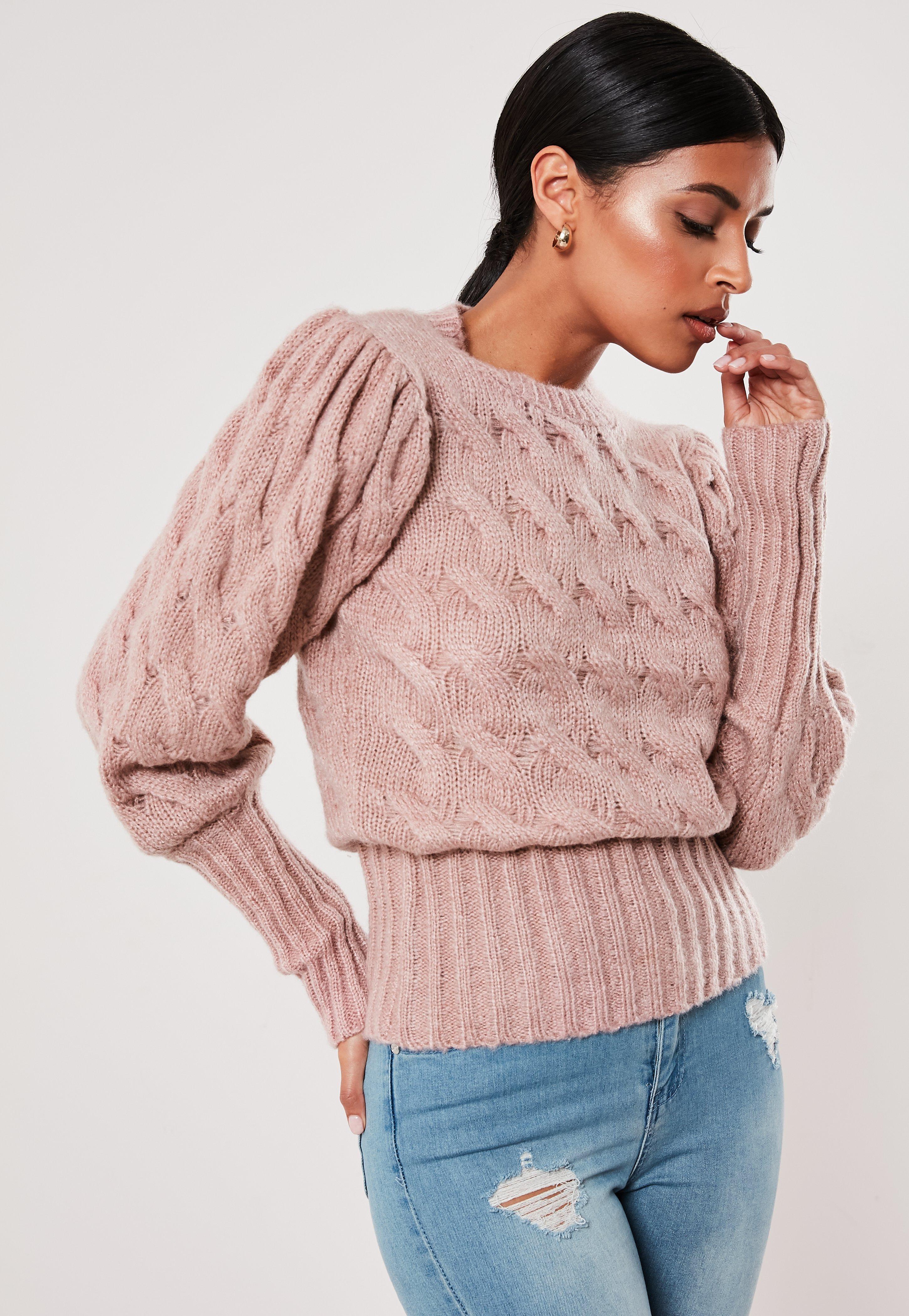 cable knit puff sleeve sweater