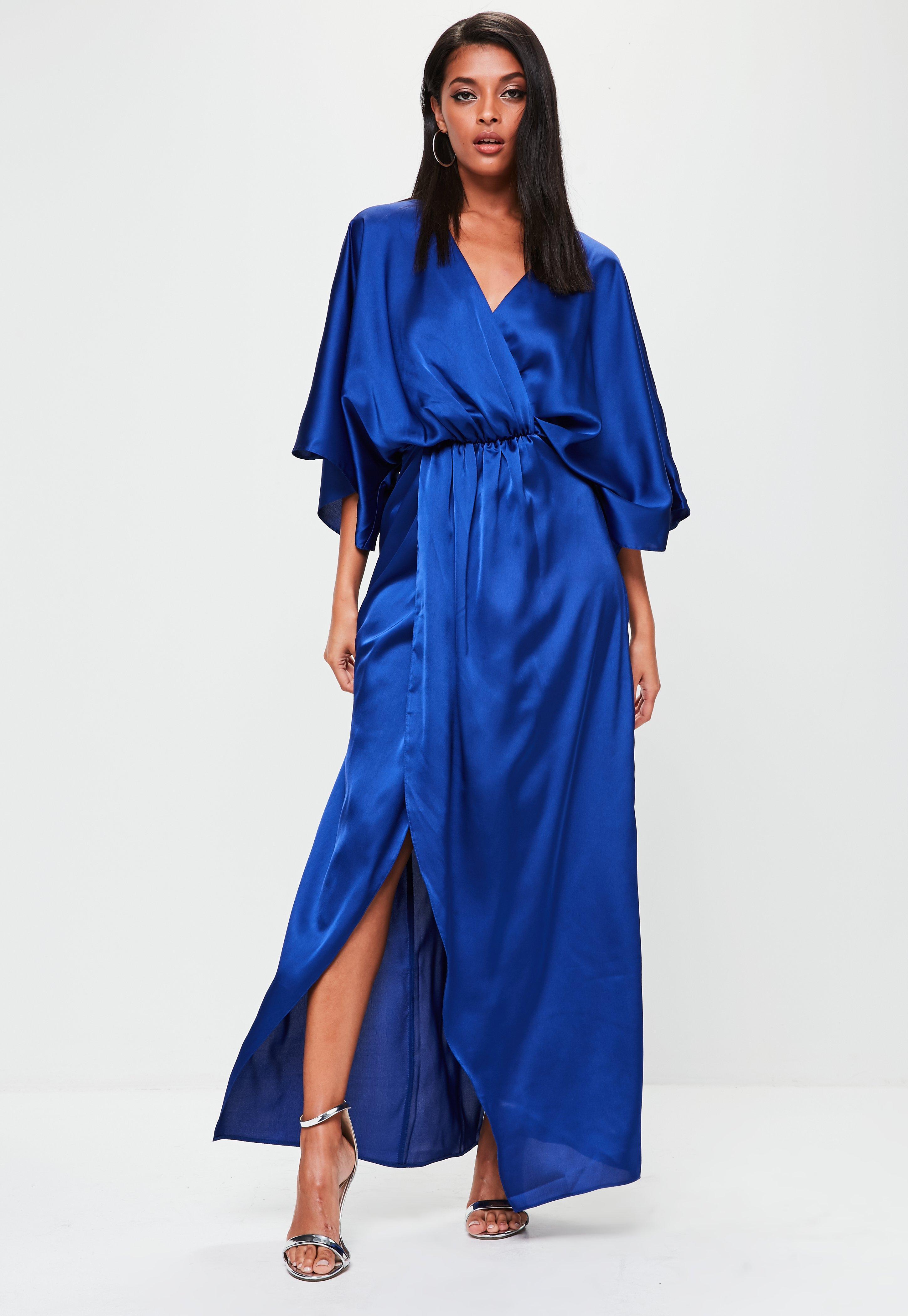 Lyst - Missguided Blue Satin Plunge Split Maxi Dress in Blue