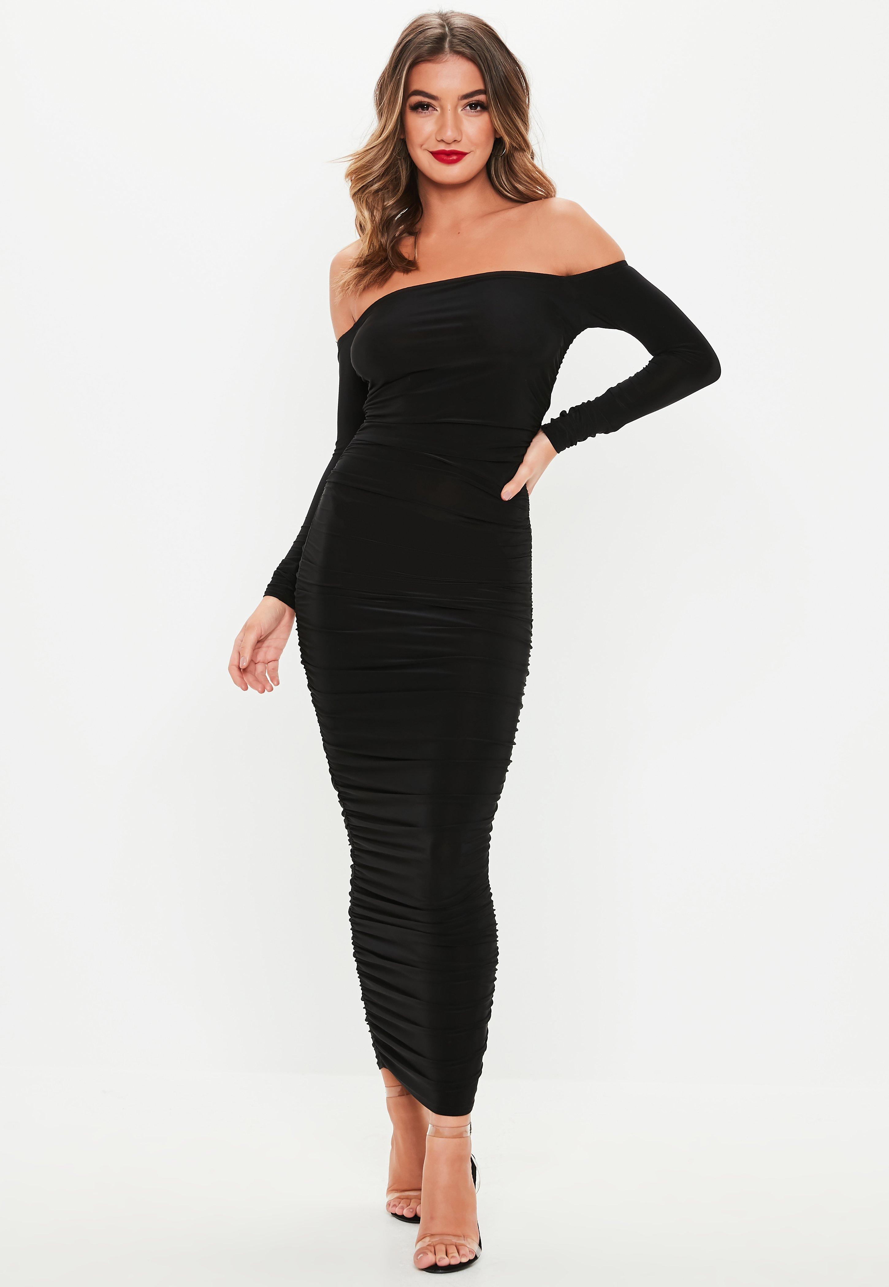 black bardot slinky ruched bodycon midaxi dress