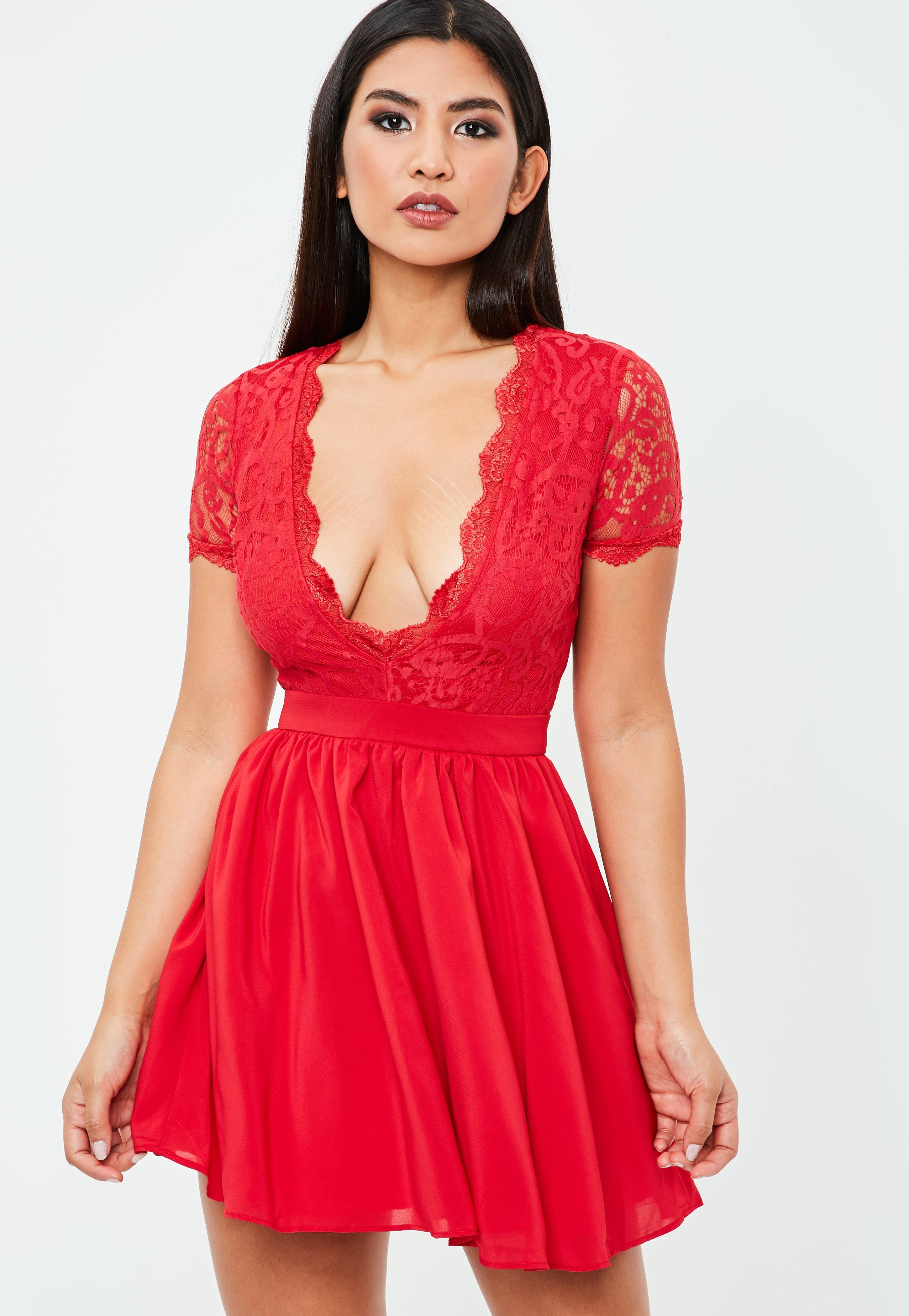 Missguided Red Lace Plunge Skater Dress - Lyst