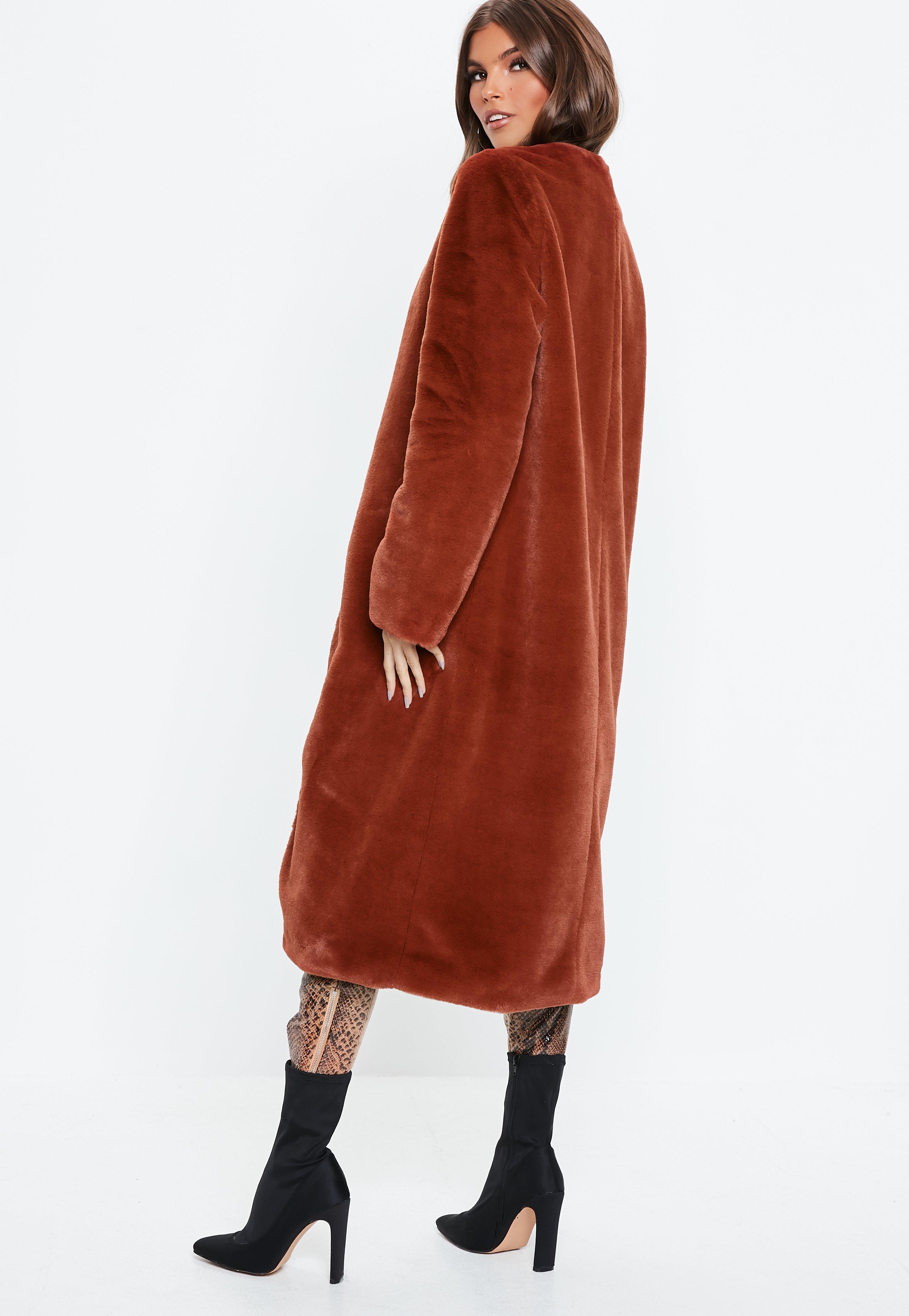 Rust Faux Fur Longline Coat Online Sale, UP TO 50% OFF