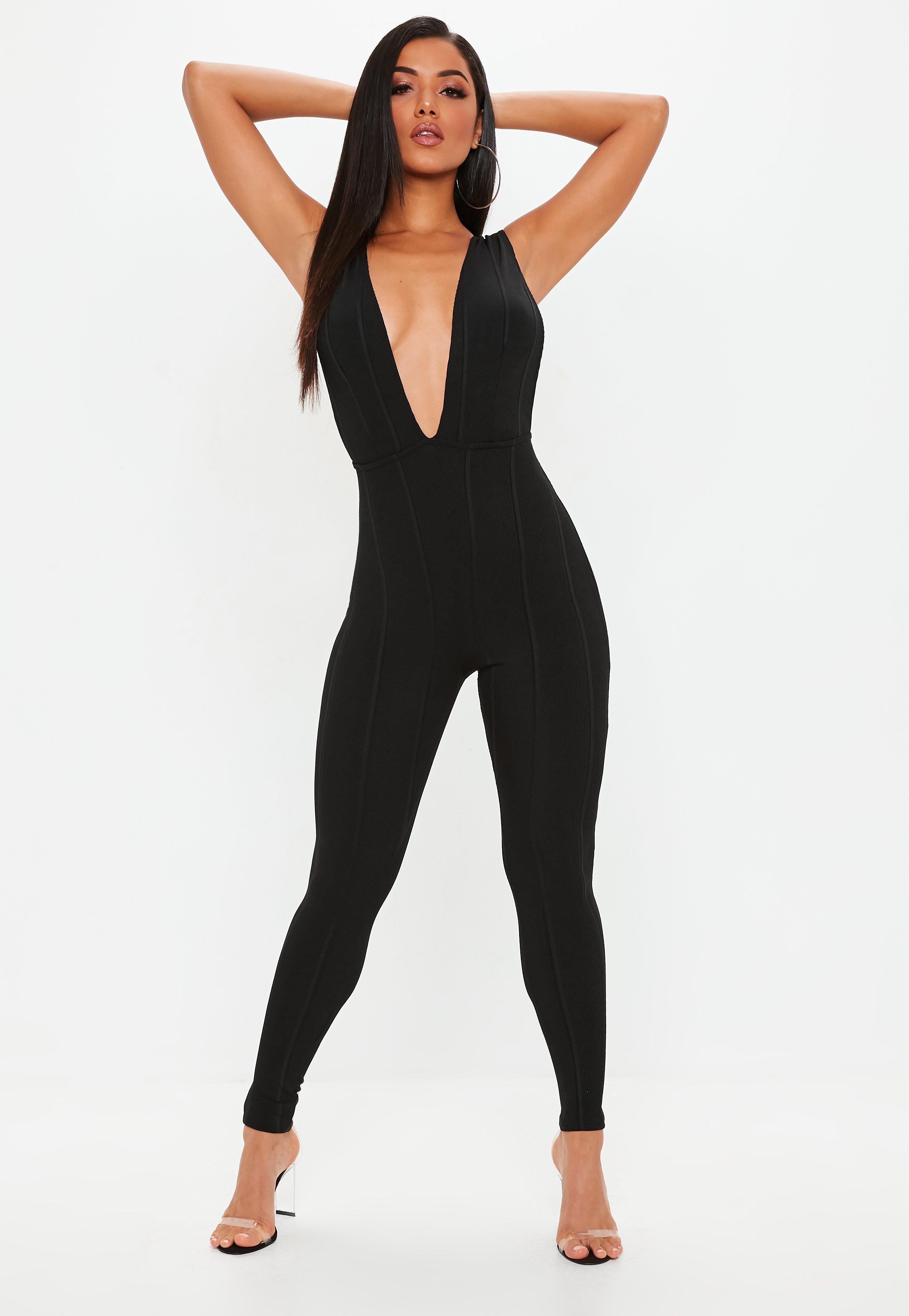 white bandage plunge jumpsuit