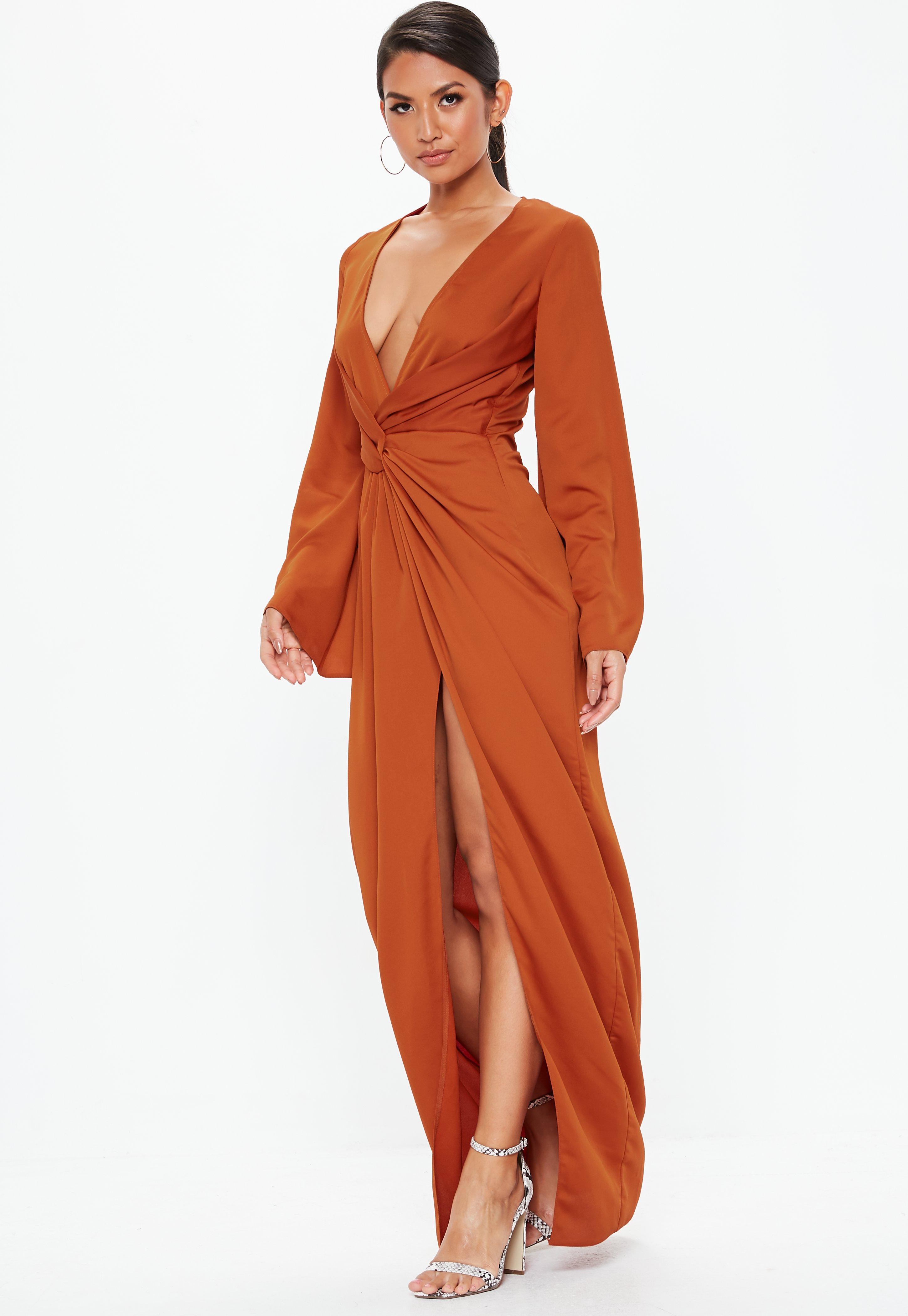 rust satin twist front open sleeve wrap dress