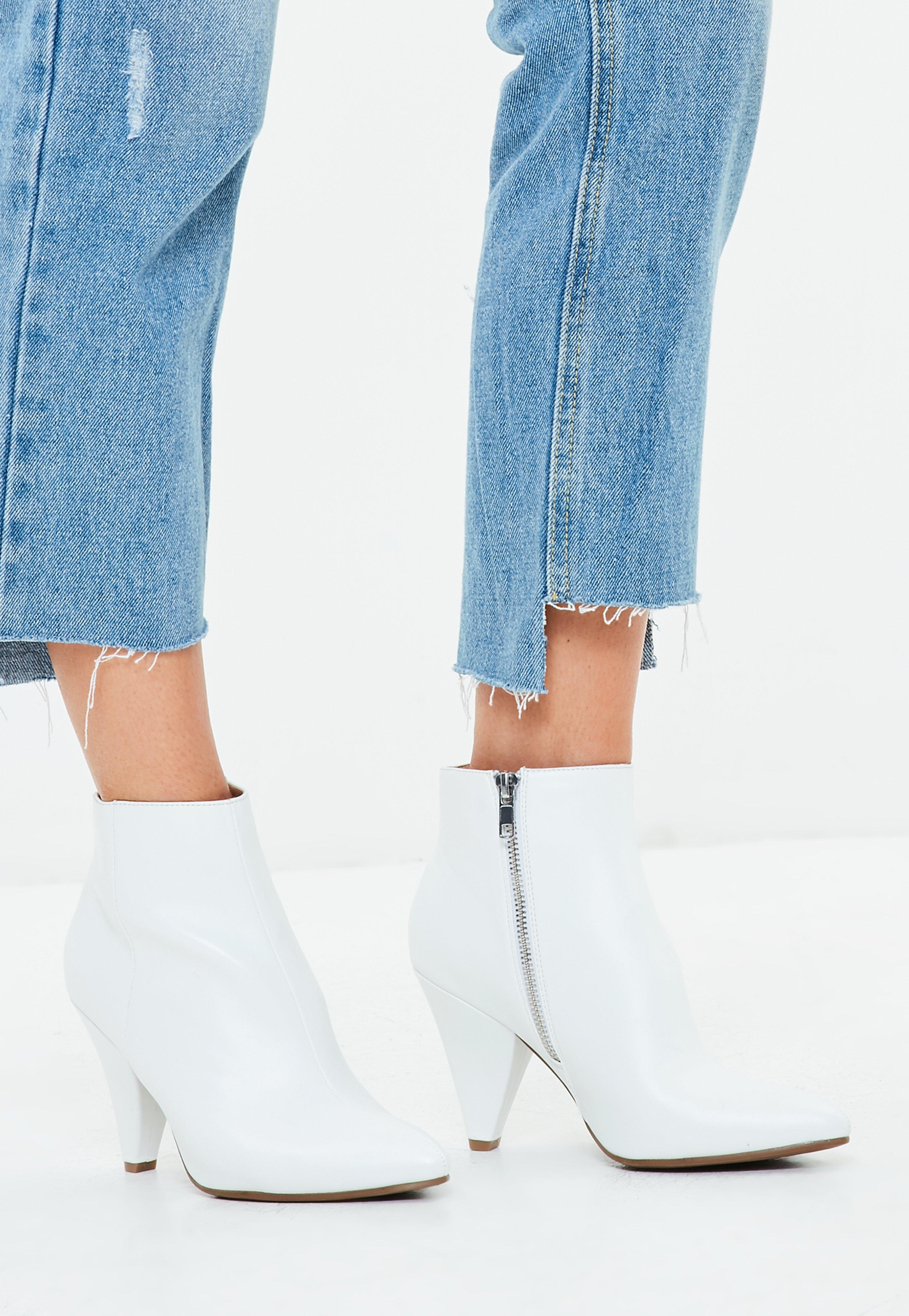 white cone heel boots