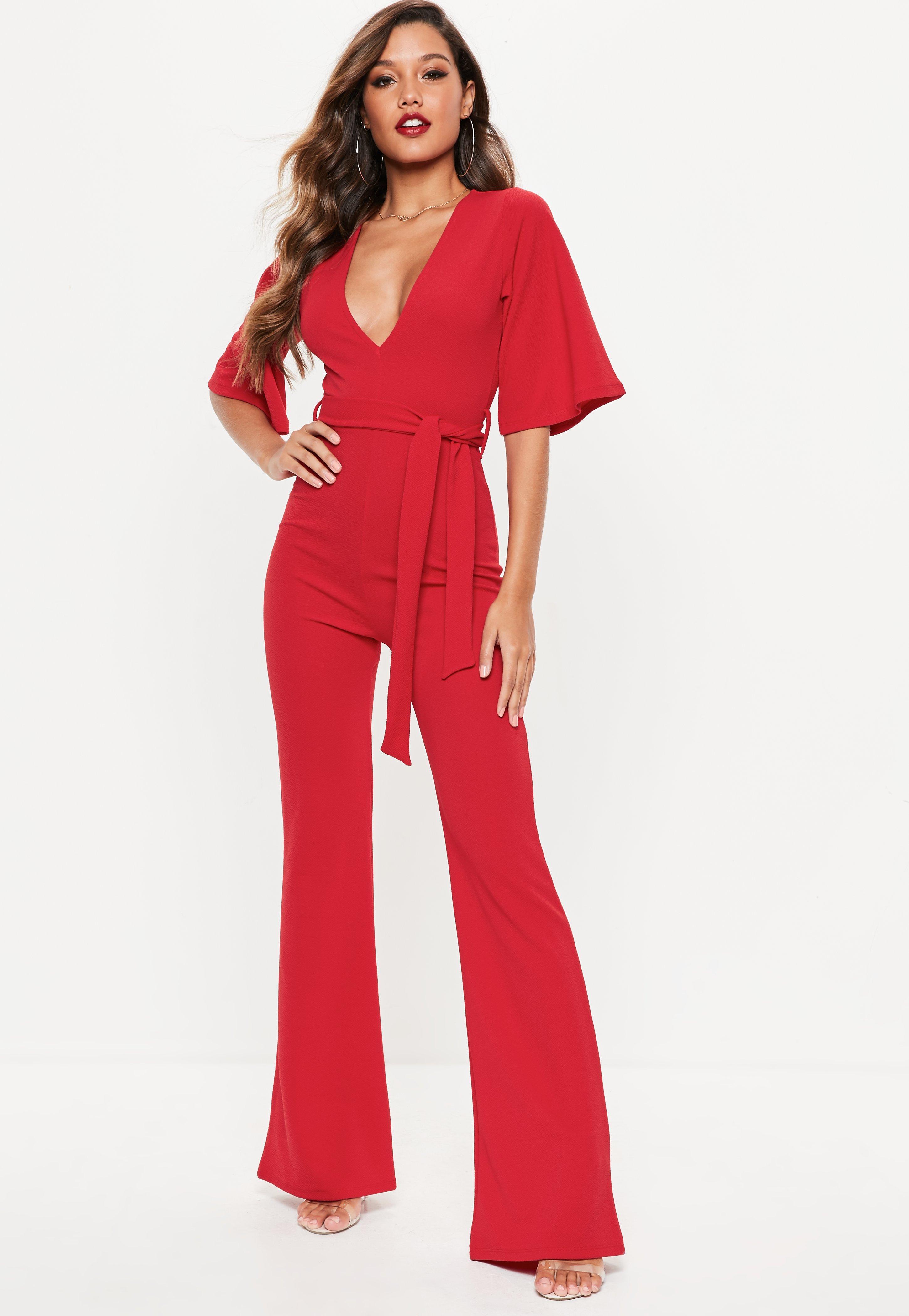 Missguided Synthetic Red Kimono Sleeve Plunge Jumpsuit - Lyst