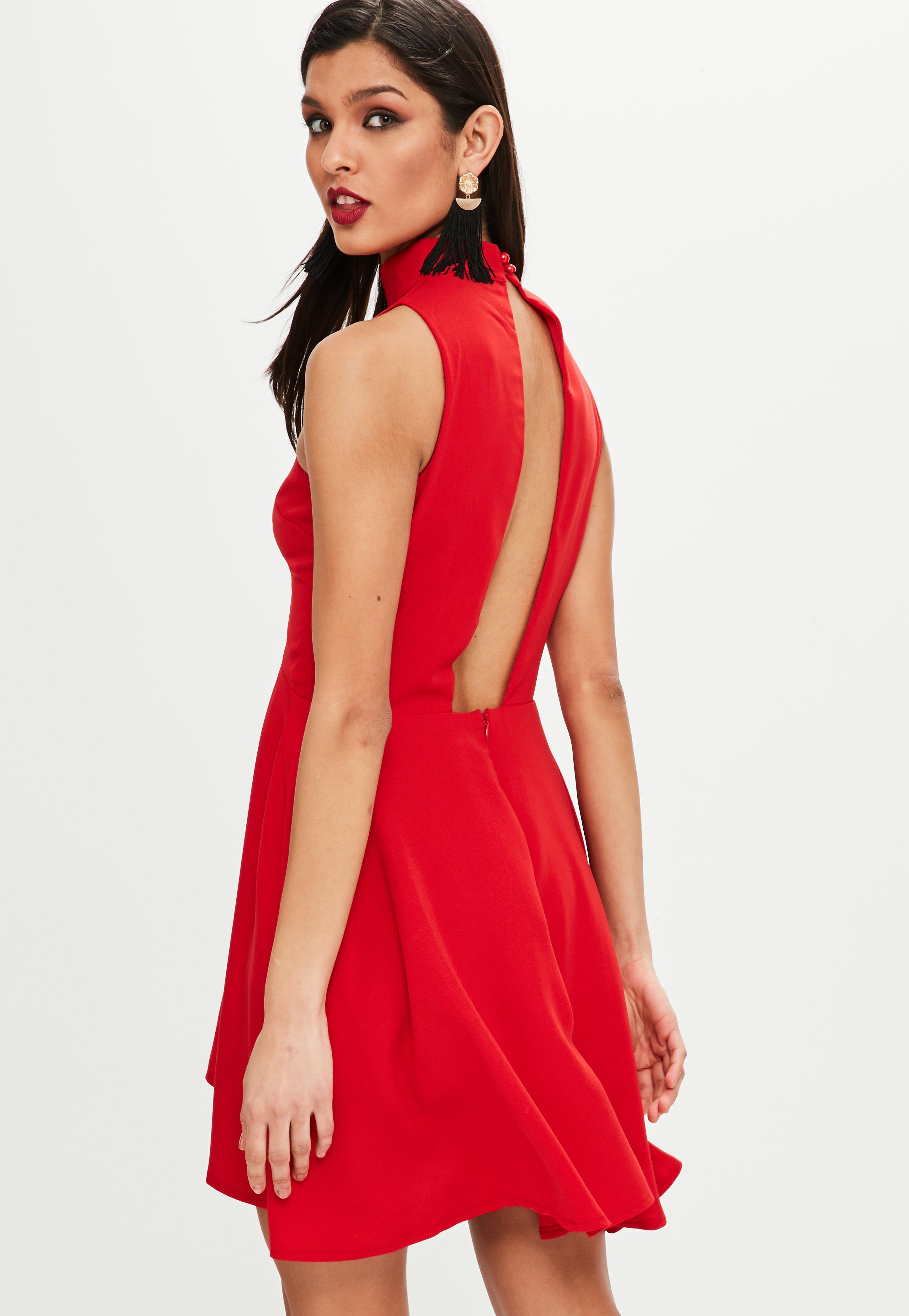 red high neck skater dress