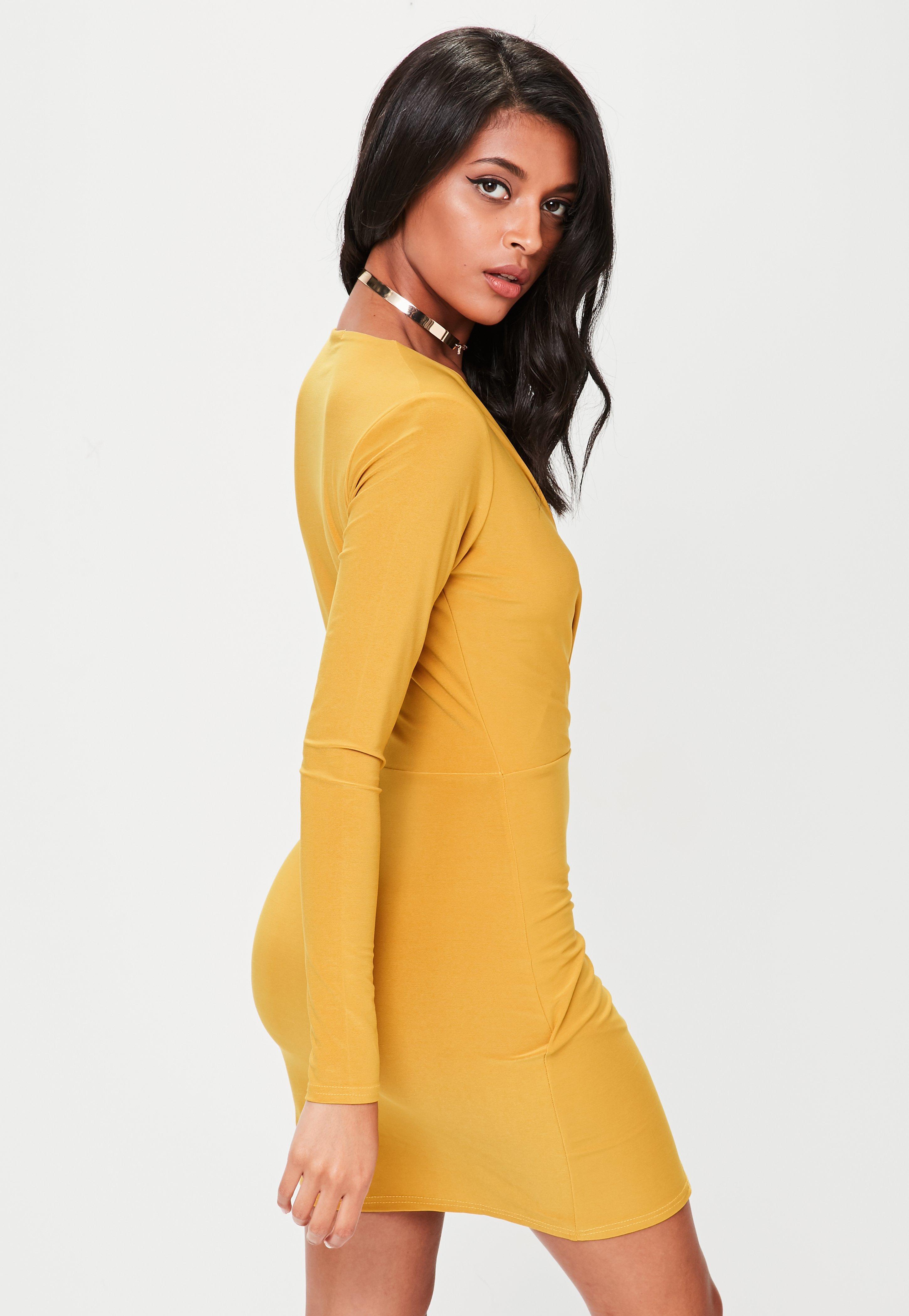 yellow bodycon dress long sleeve