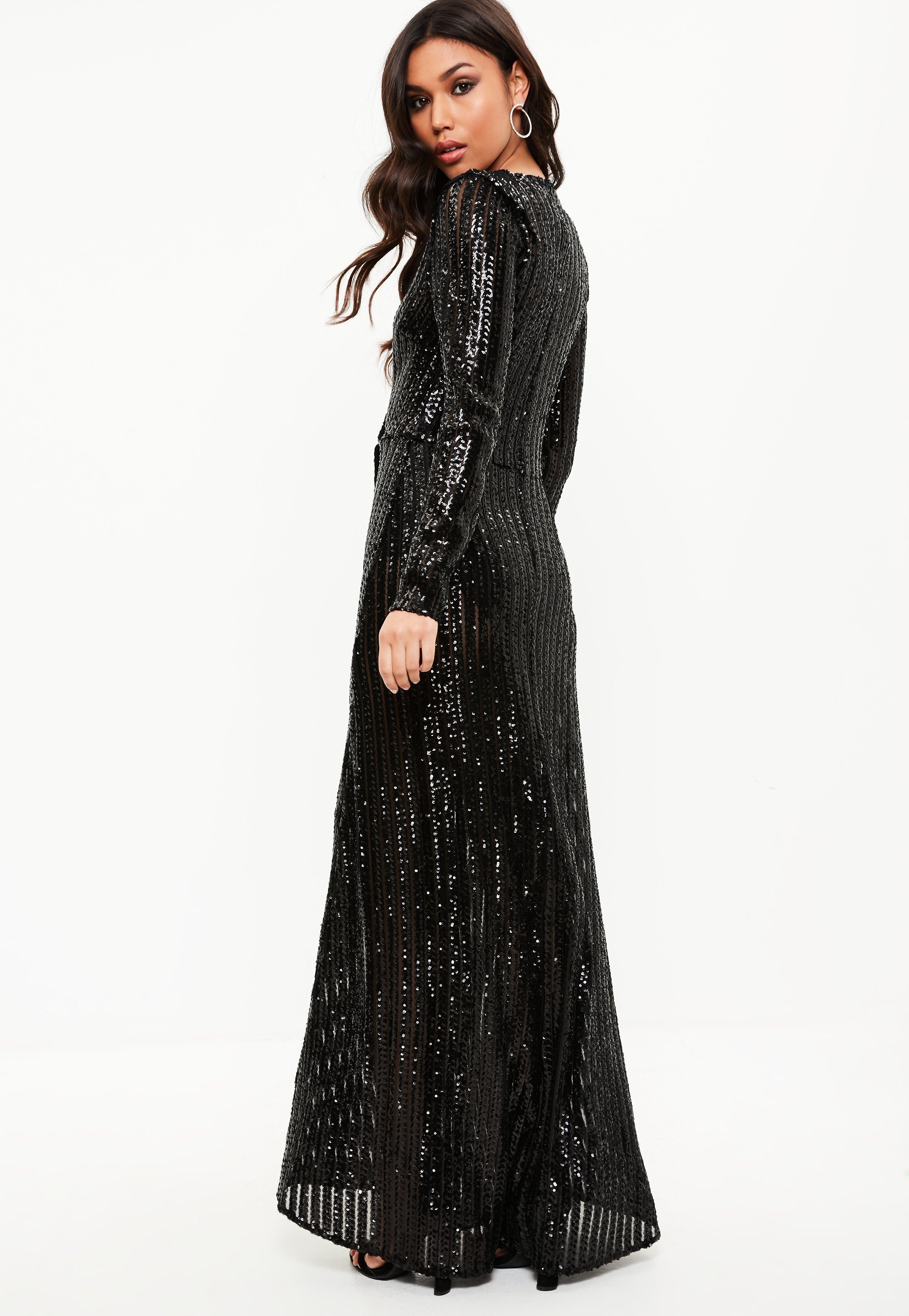 black sequin long sleeve maxi dress