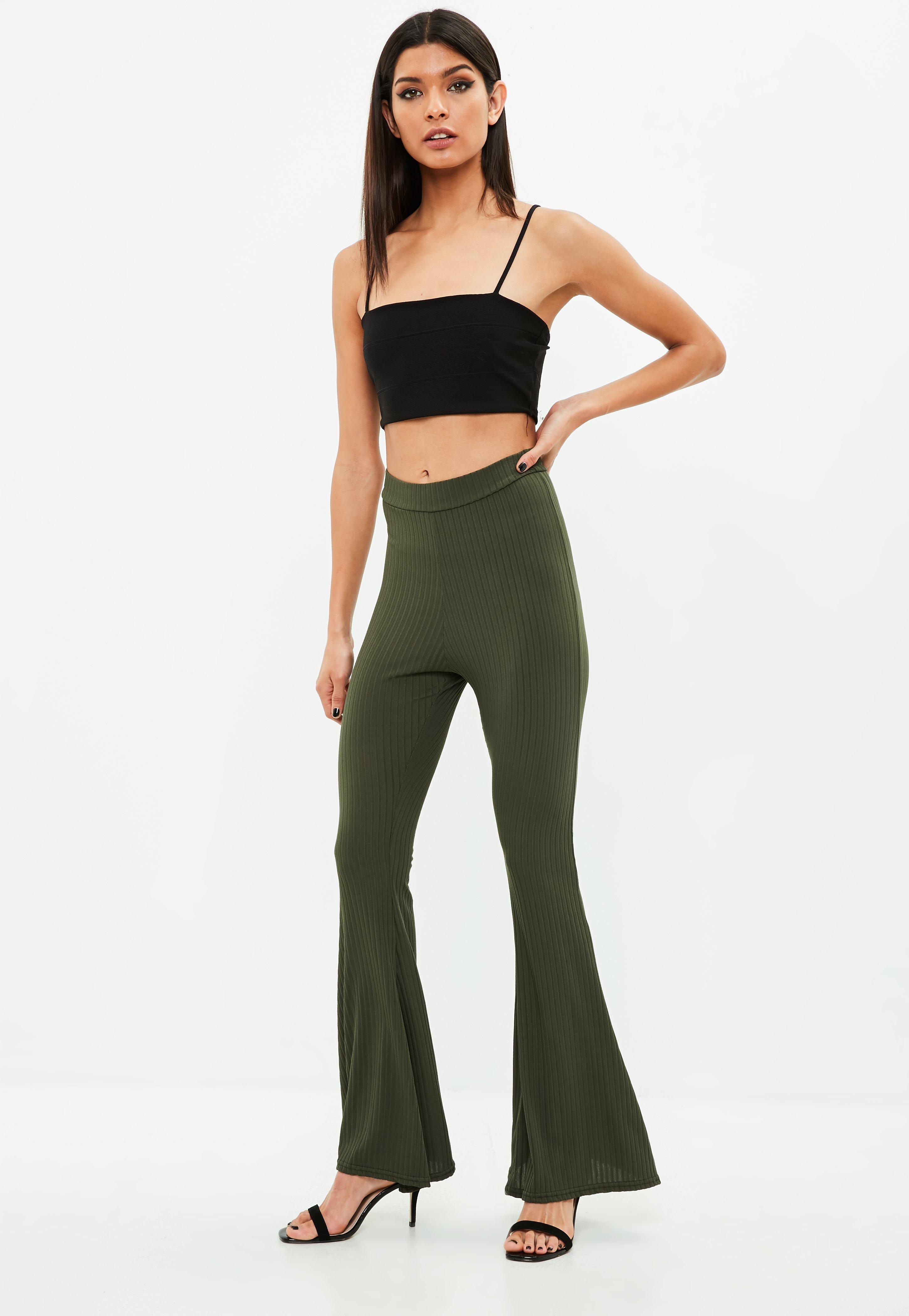 Lyst - Missguided Khaki Ribbed Kick Flare Trousers in Green
