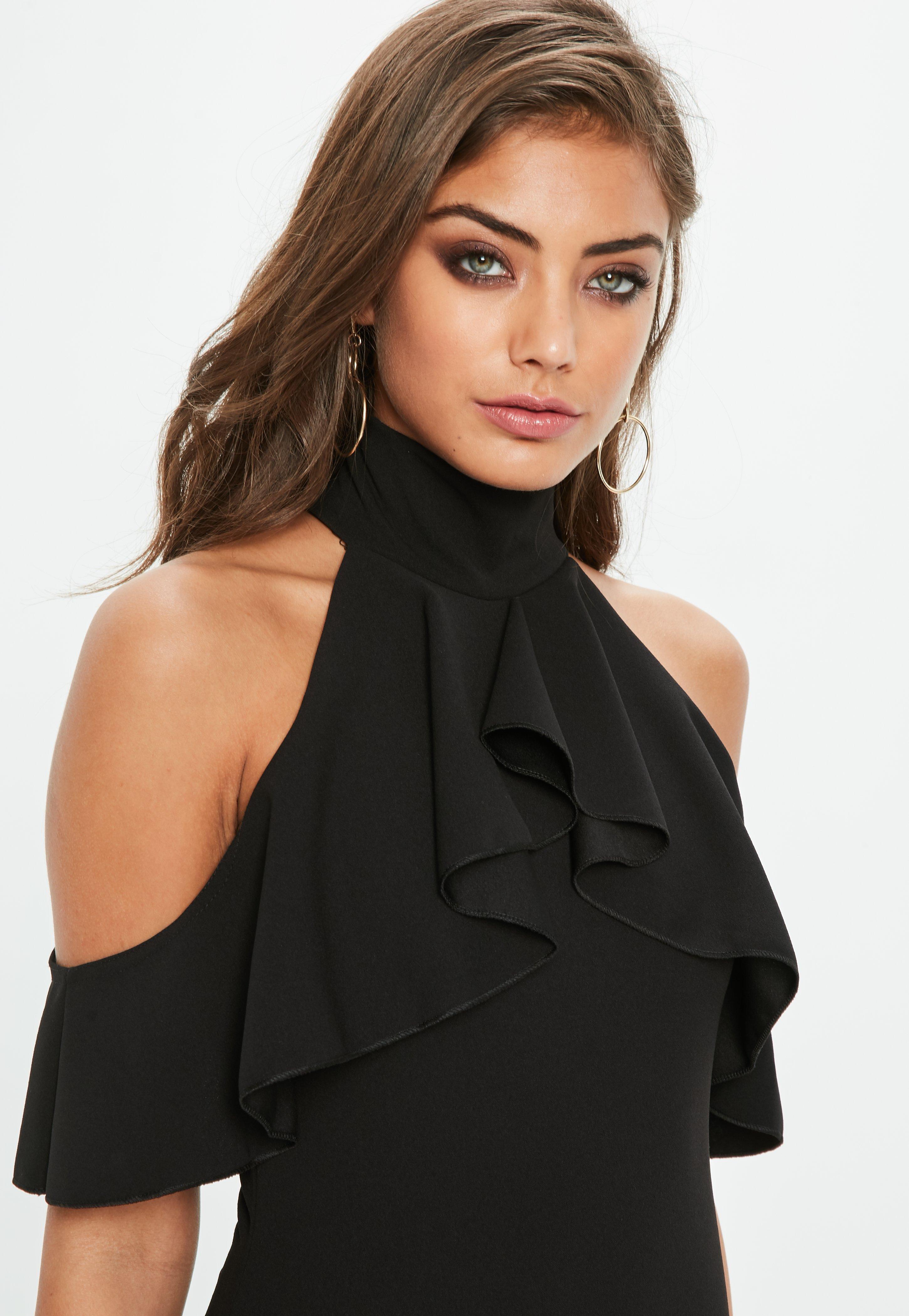 high neck frill midi dress