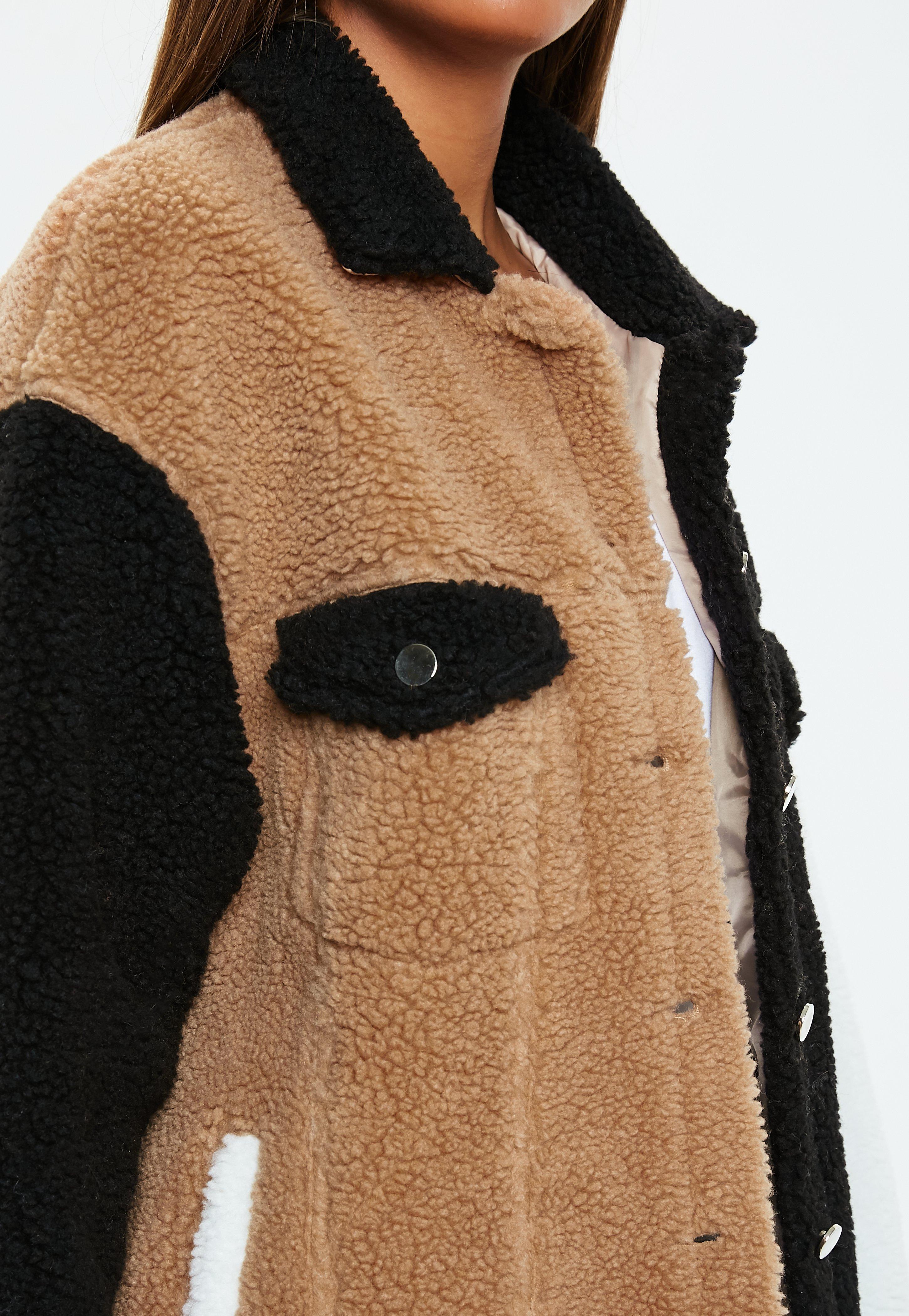 black colour block borg trucker jacket