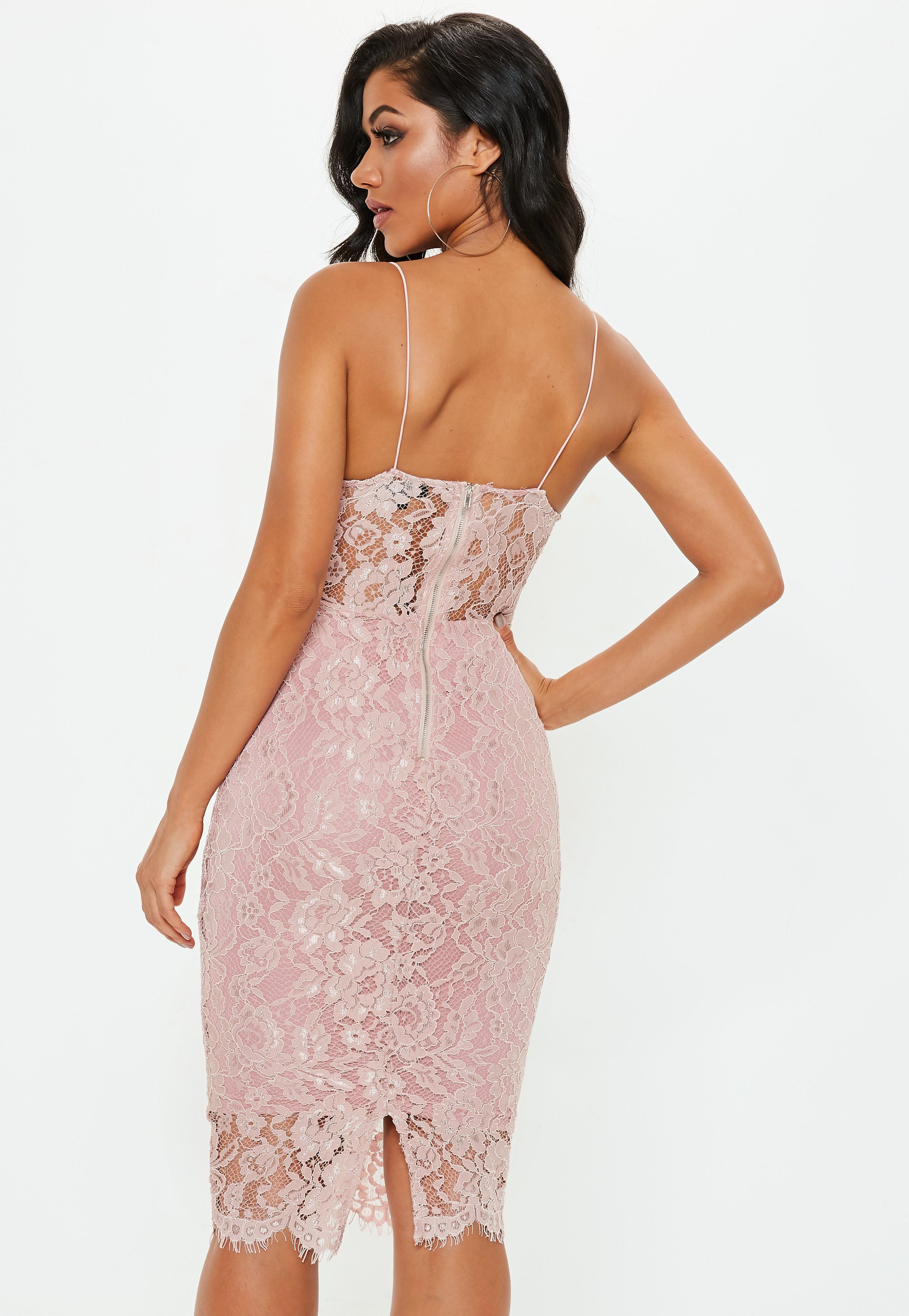 blush pink strappy lace midi dress