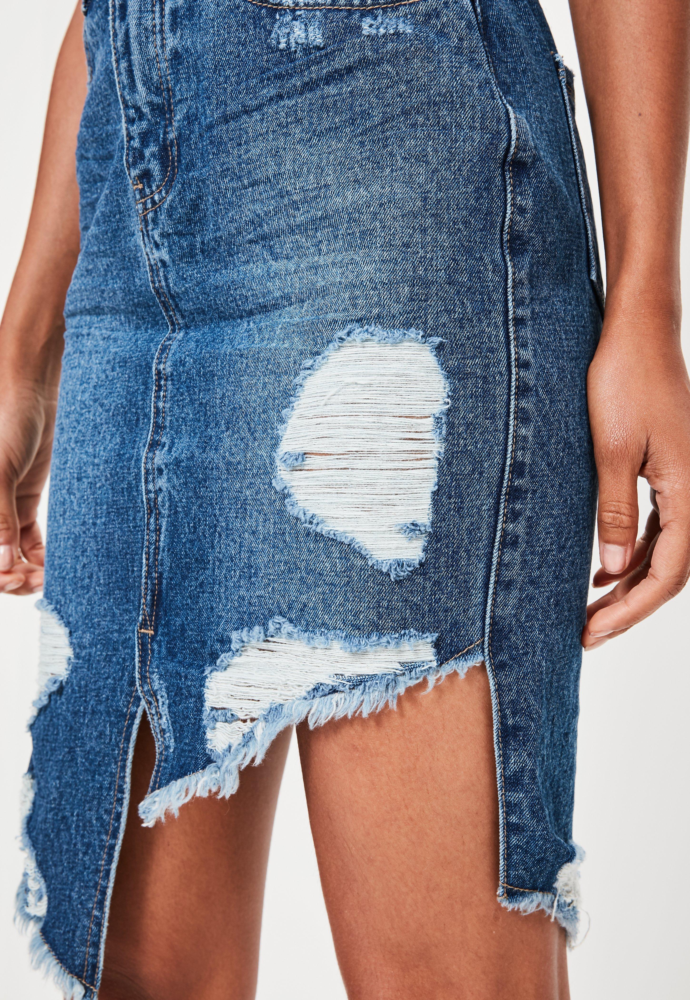 Lyst Missguided Blue Ripped Asymmetric Hem Denim Skirt in Blue
