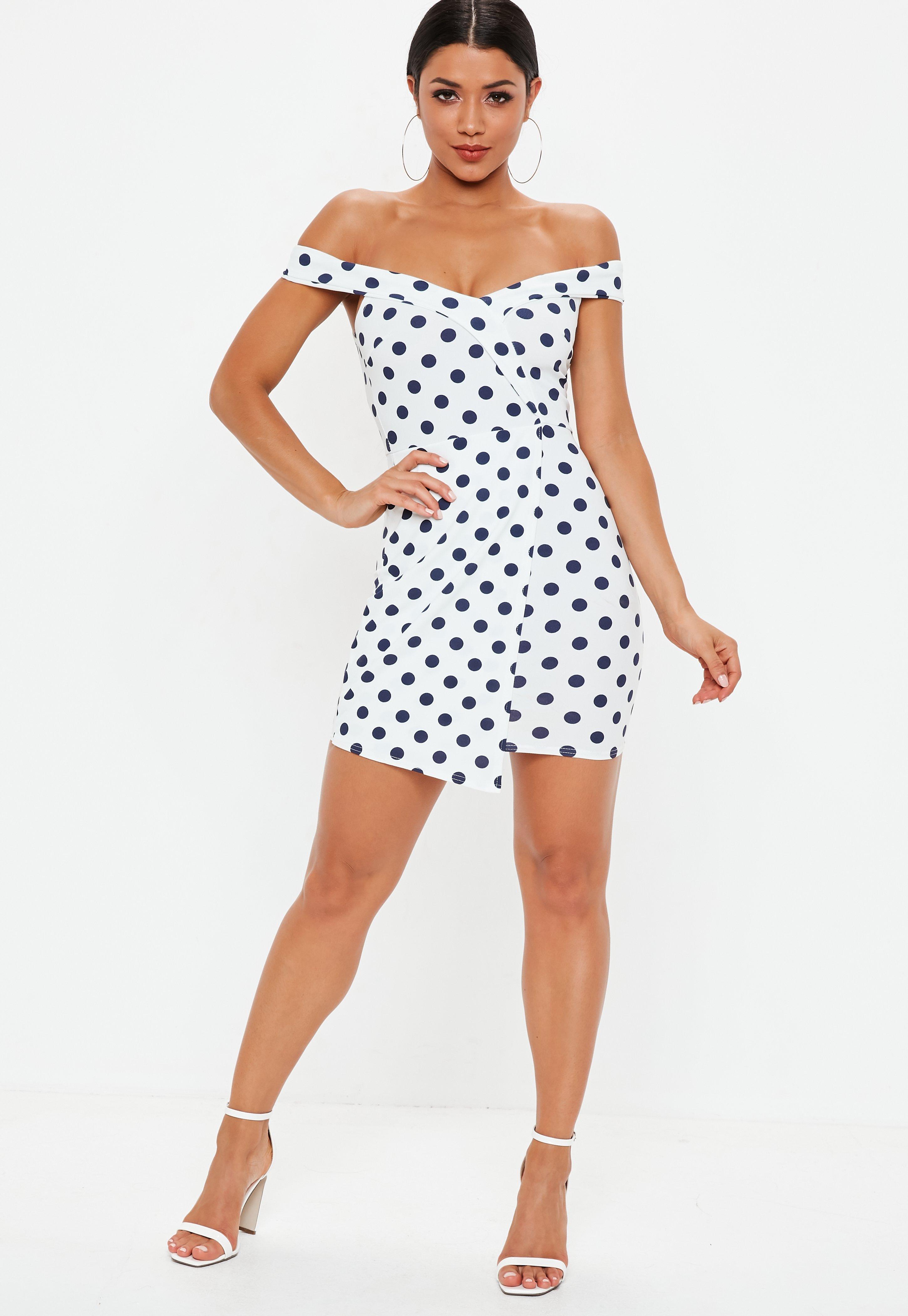 navy polka dot bardot dress