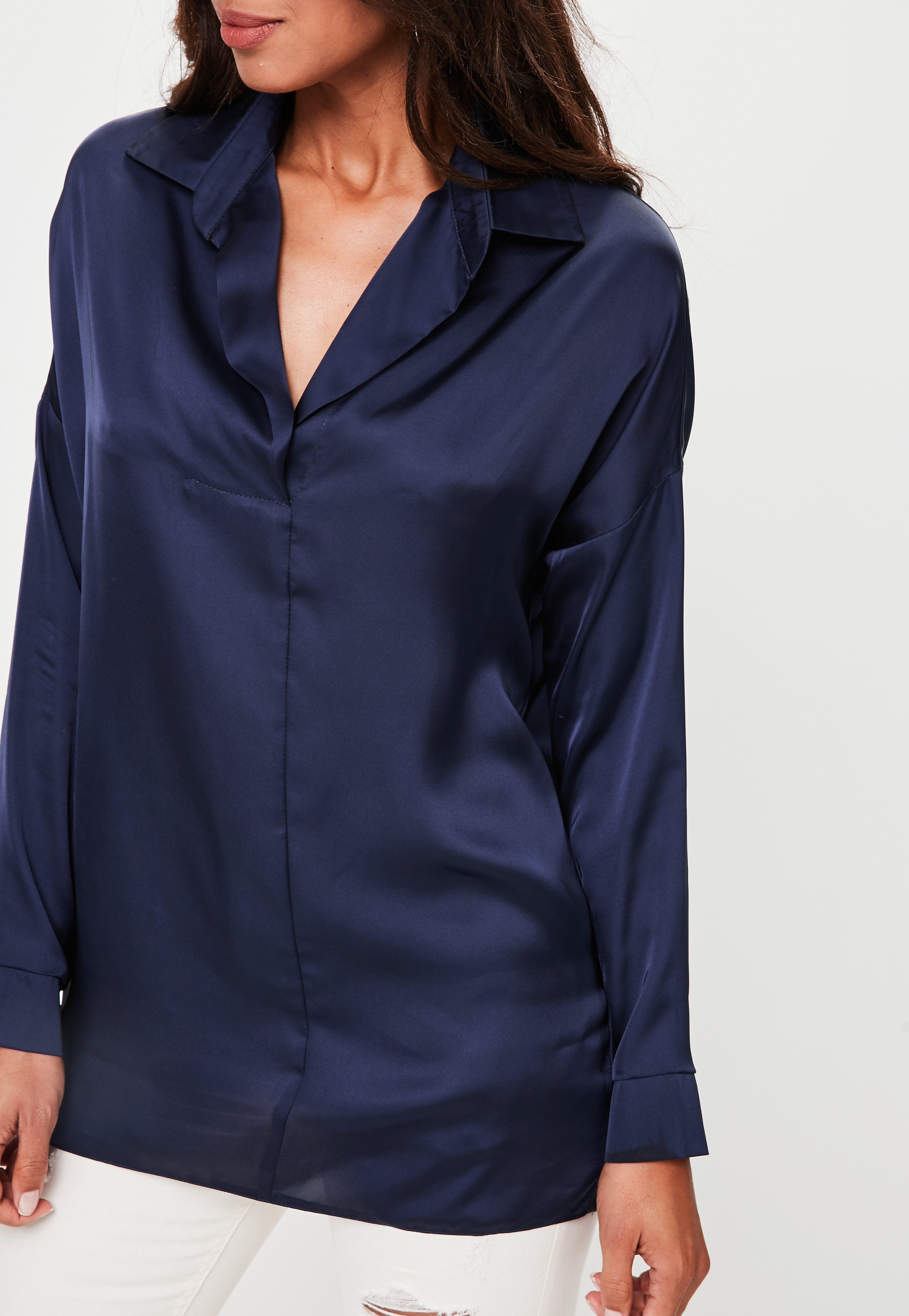 Missguided Navy Satin Oversized Shirt in Blue - Lyst