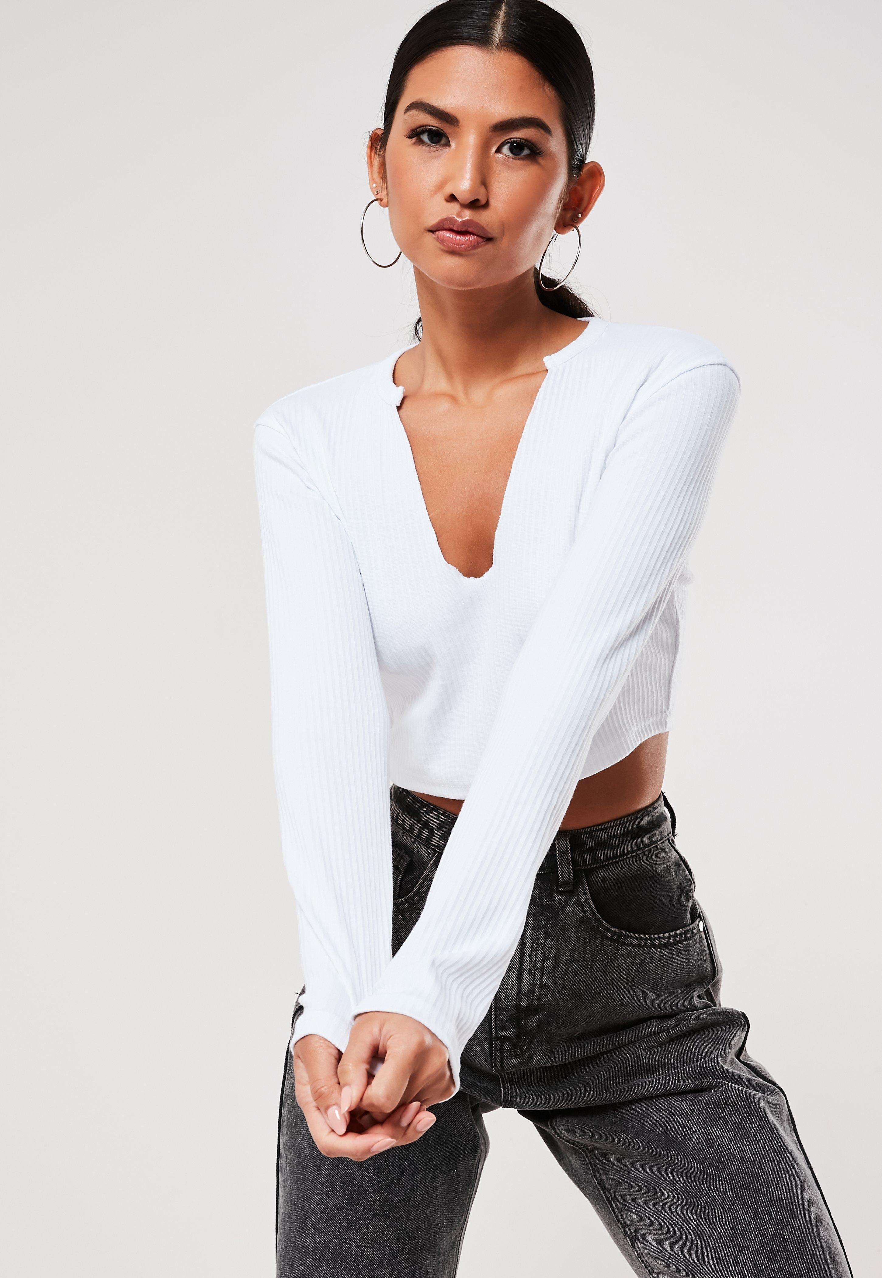 white ribbed notch neck crop top