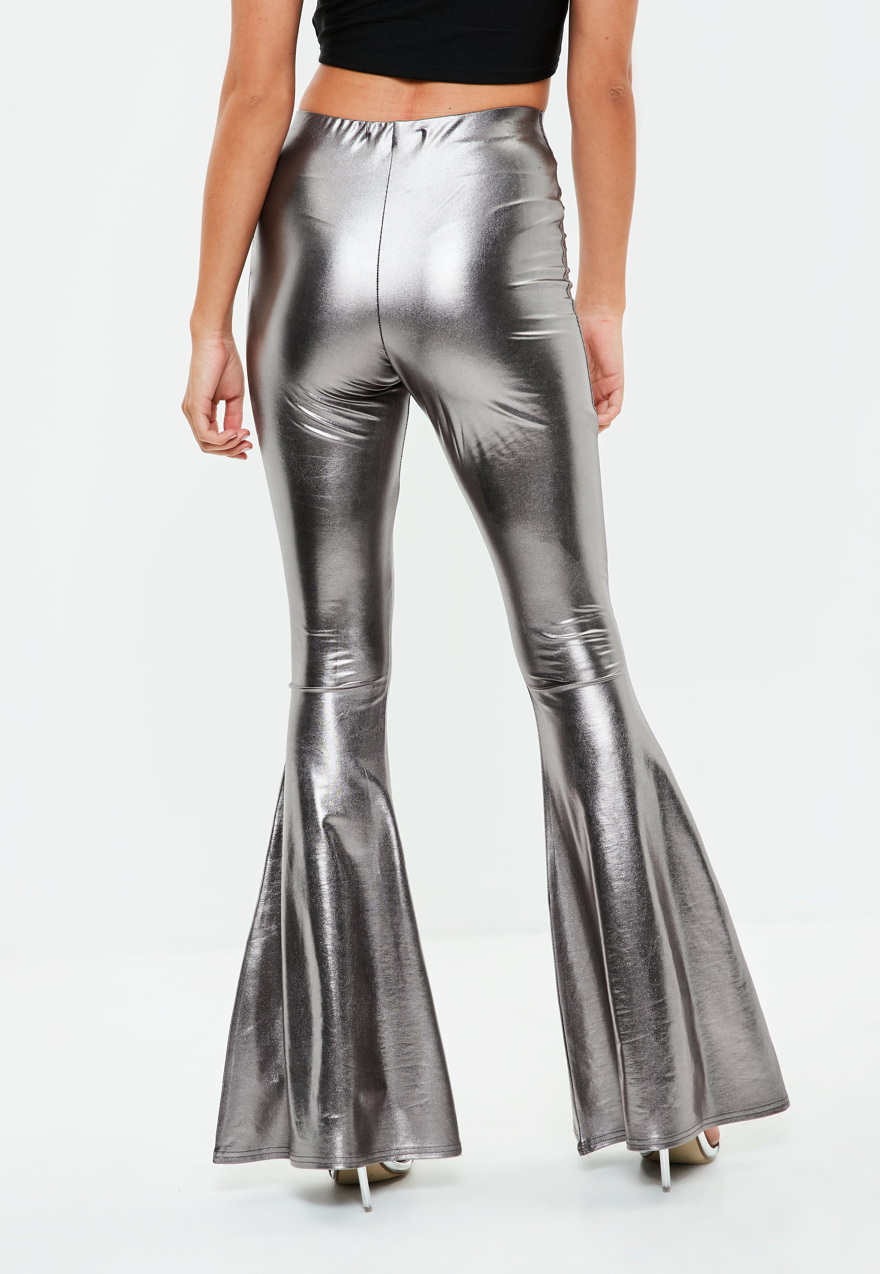 Missguided Synthetic Silver Metallic Kick Flare Pants - Lyst