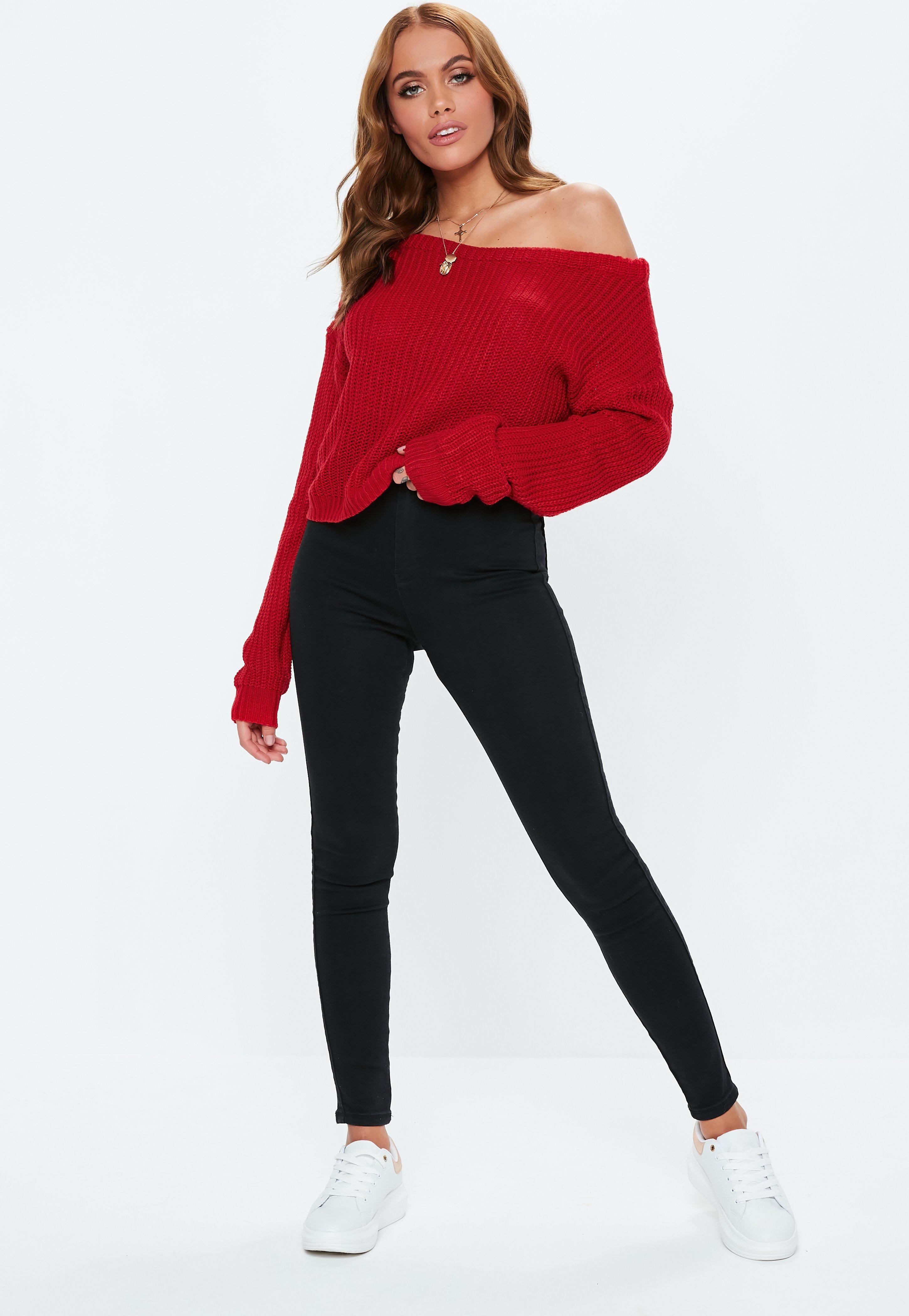 off the shoulder sweater red