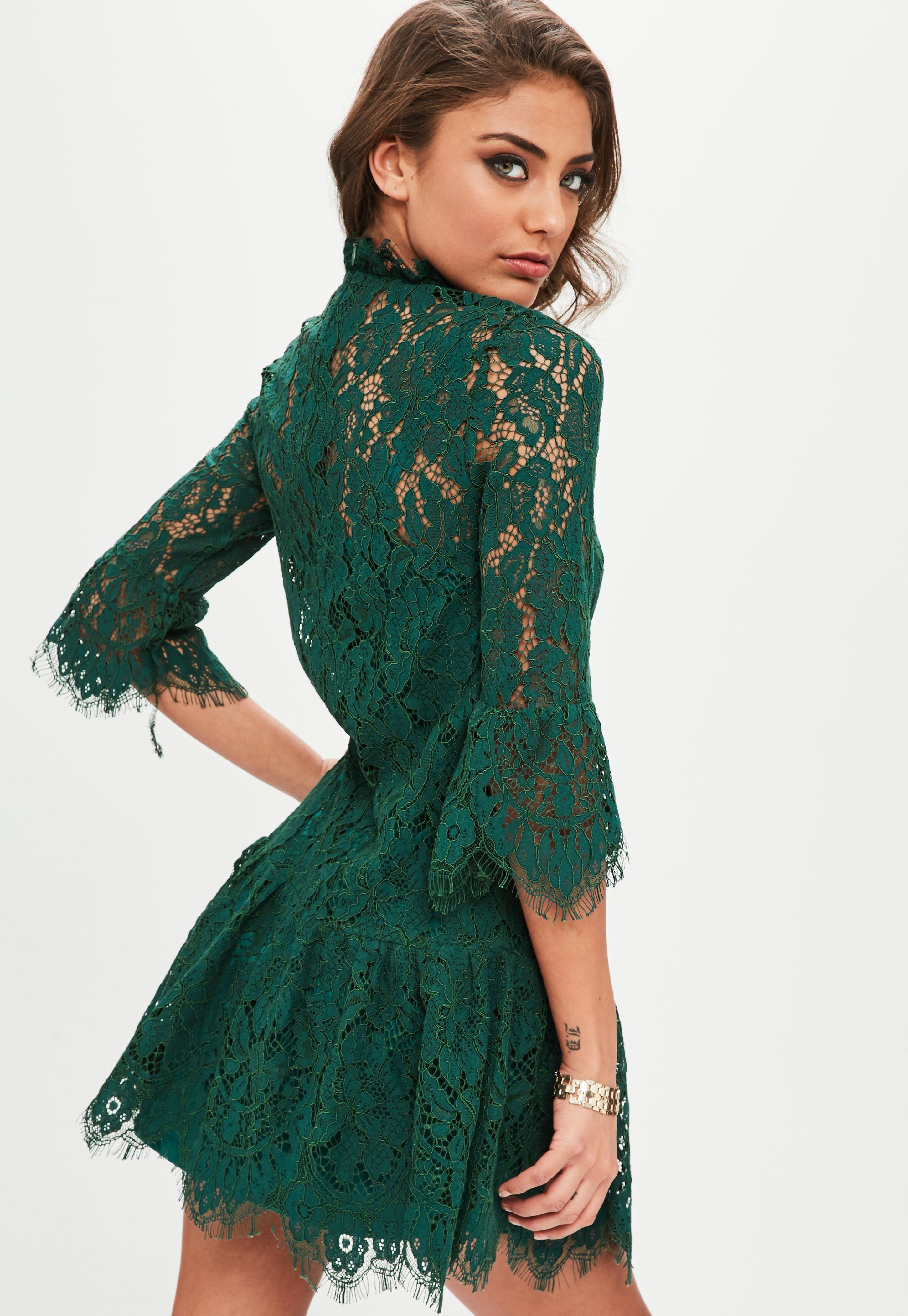 missguided lace frill sleeve high neck dress