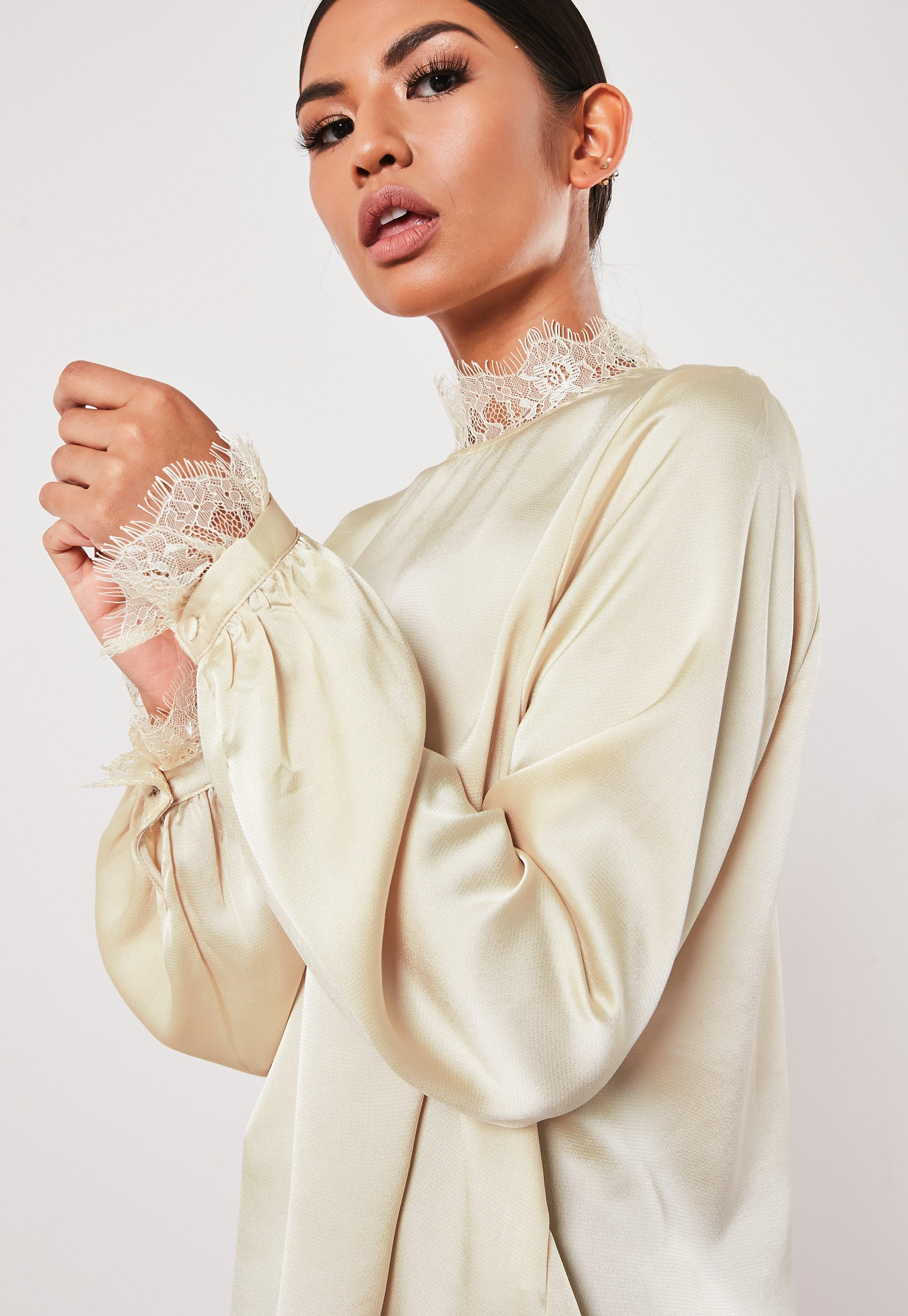 cream satin high neck blouse