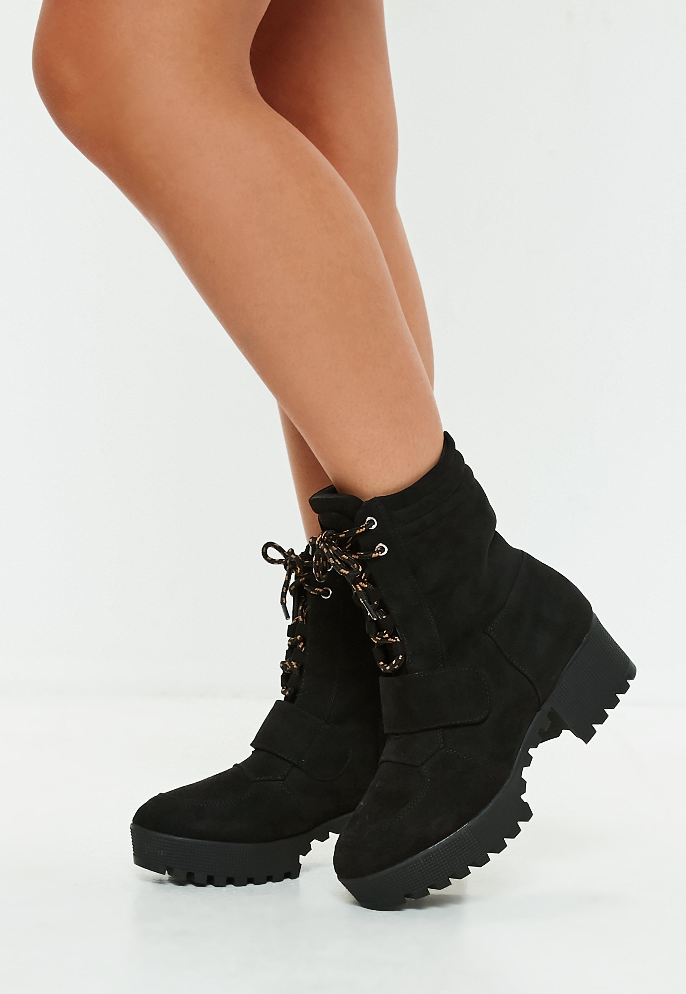 Missguided Black Faux Suede Hiking Flat Strap Ankle Boots - Lyst