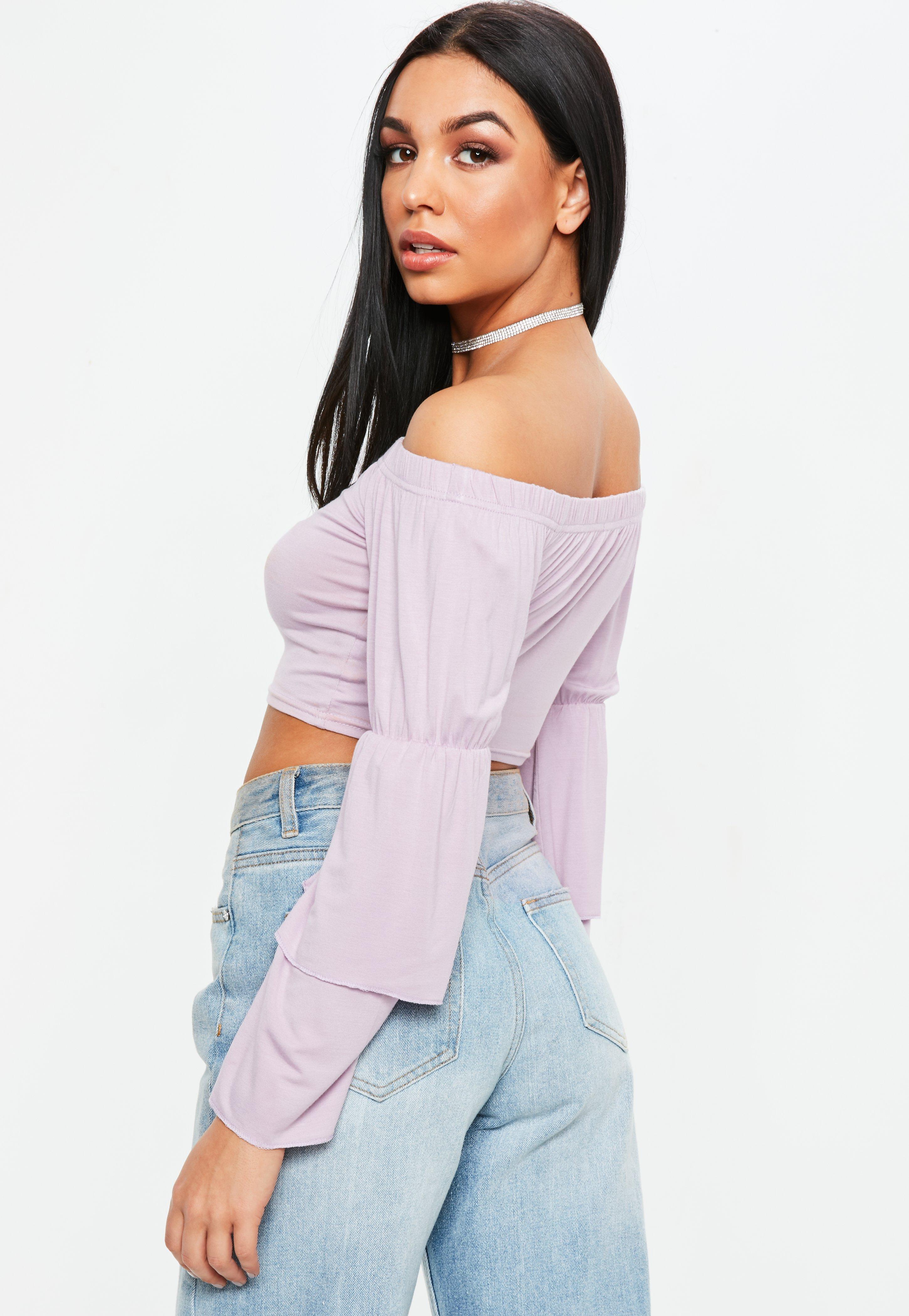 Missguided Synthetic Lilac Off The Shoulder Tiered Sleeve Crop Top in