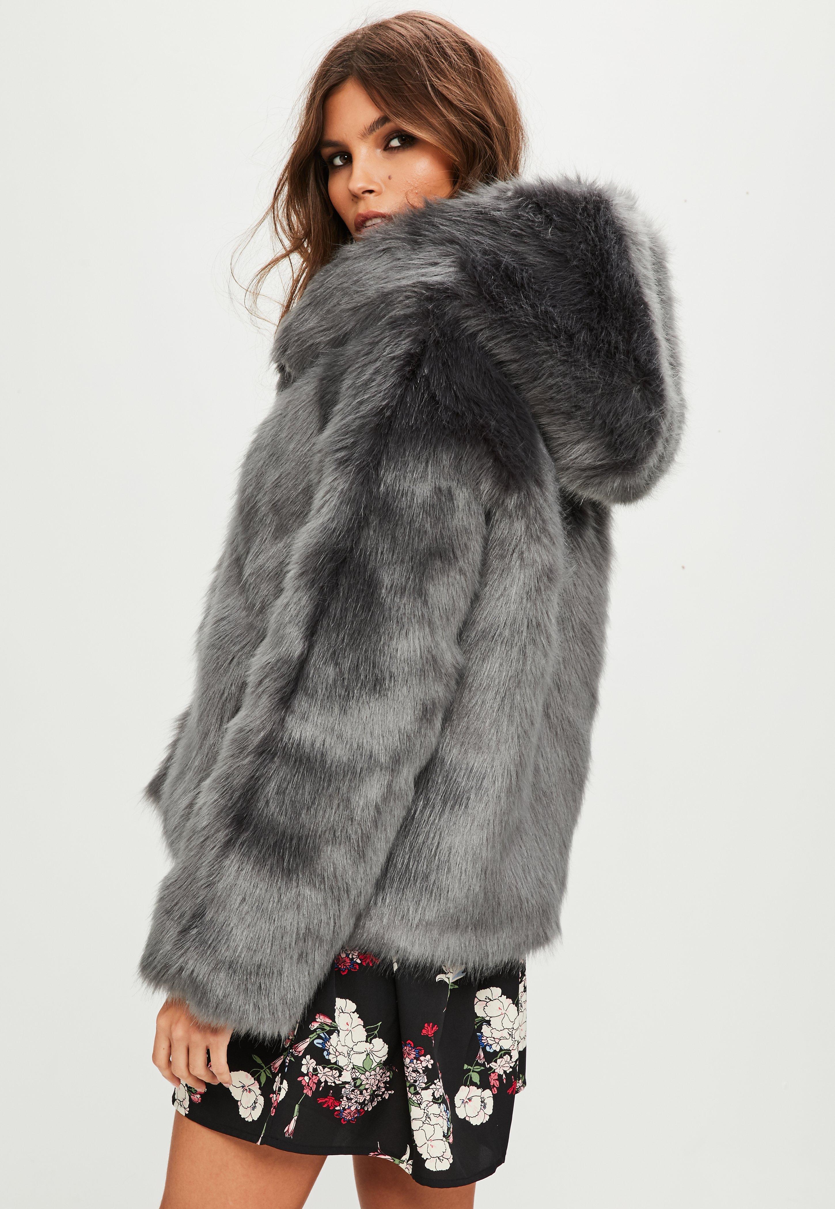 grey hooded fur jacket